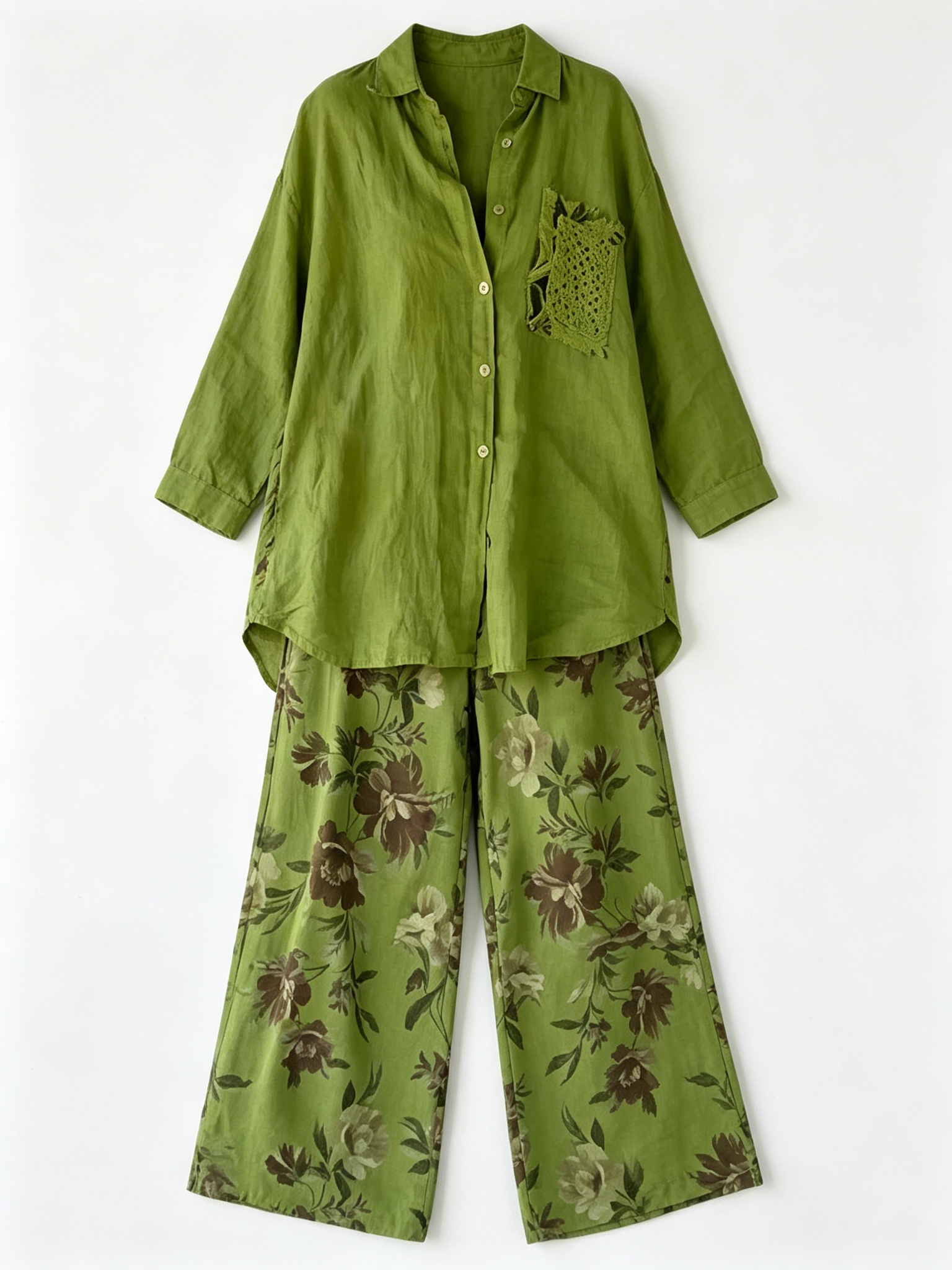 Casual Floral Print Linen And Cotton Shirt And Trousers Two-piece Set
