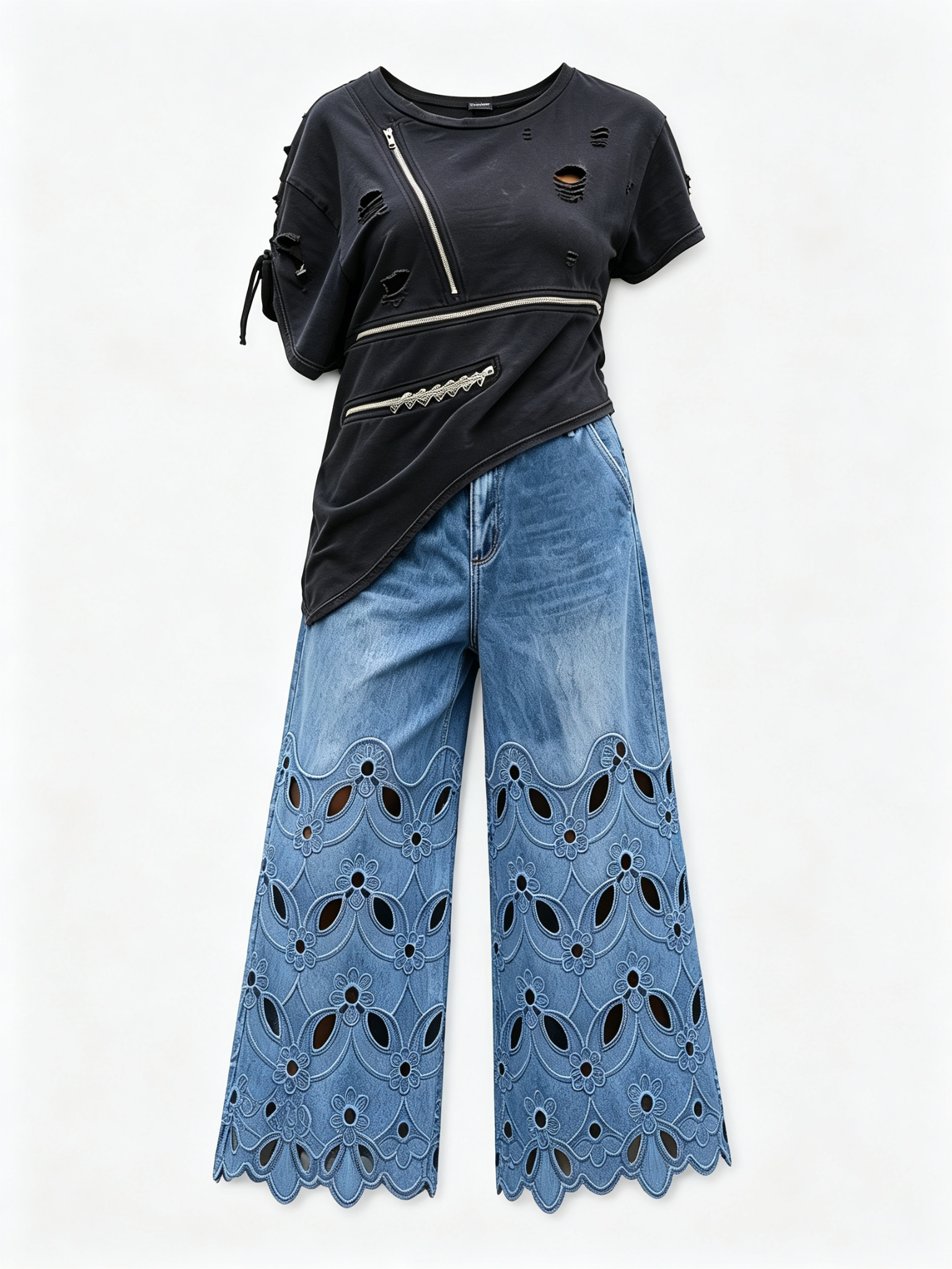 Vintage-style Floral Embroidered Cropped Denim Pants