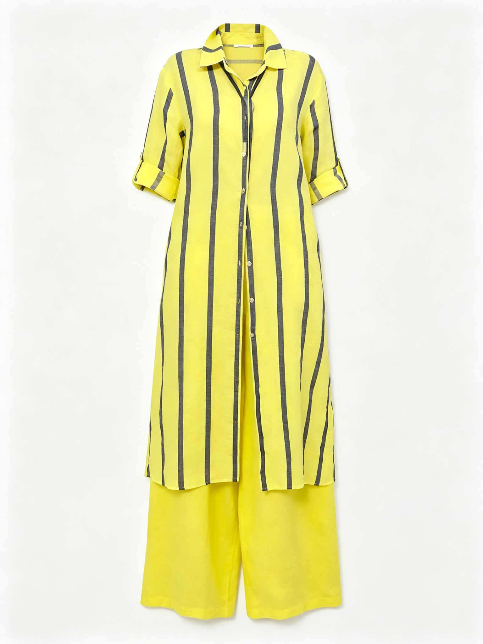 Two-piece Set Featuring A Loose, Casual Striped Long Shirt (linen-cotton Blend) And Solid-colored Trousers.