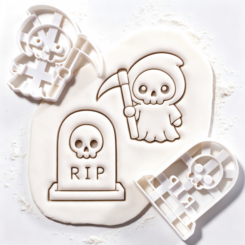Set of 2 Kawaii Grim Reaper & Tombstone with Skull Cookie Cutters