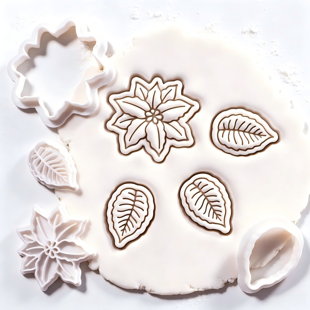 Set of 2 Poinsettia Flower & Leaf Mini Cookie Cutter & Stamp Sets