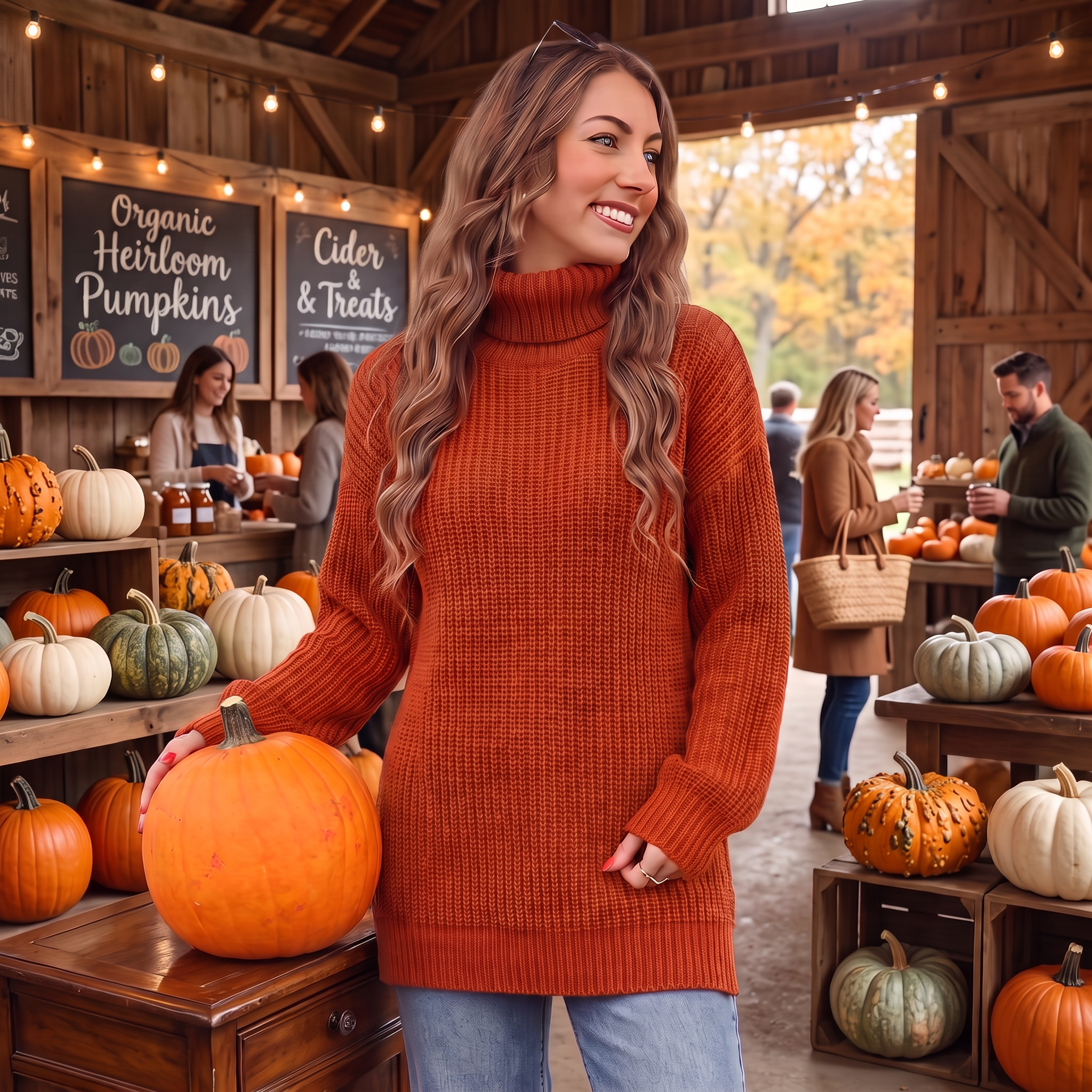 Women's Halloween Pumpkin Pattern Ribbed Knit Turtleneck Sweater