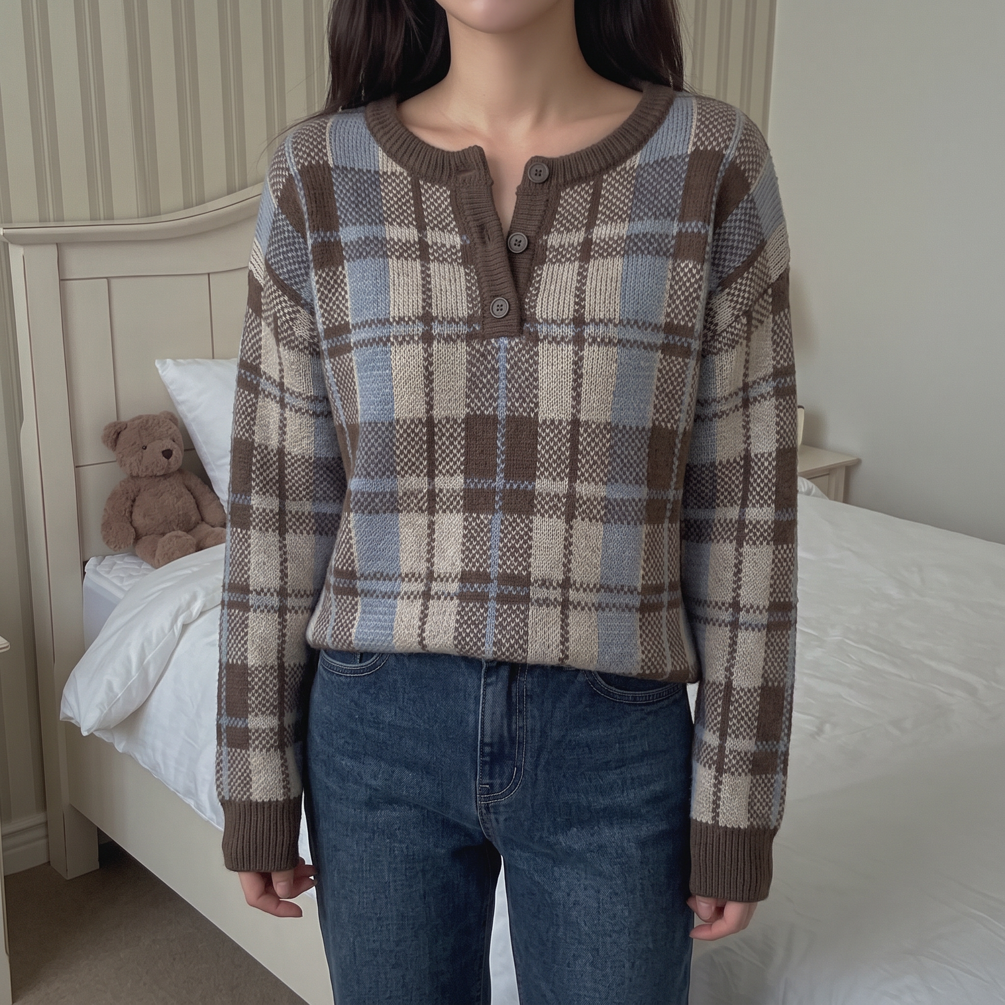 Women's Color-Block Plaid Loose-Fit Long-Sleeve Crew-Neck Knit Pullover – Casual Vacation Style 