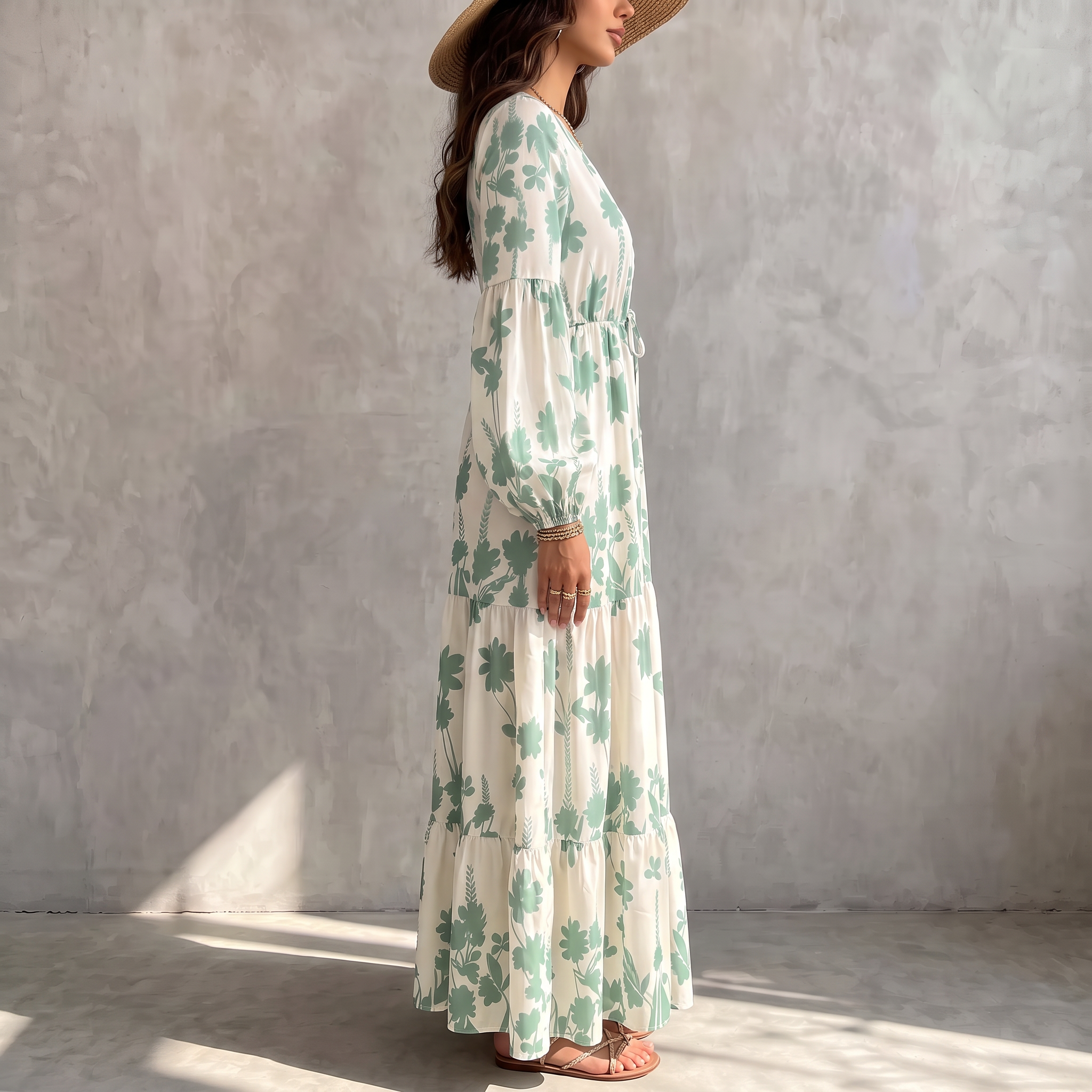 Women's high-waisted, tiered, and textured chiffon dress featuring a V-neck with drawstring detail—bohemian pastoral style.