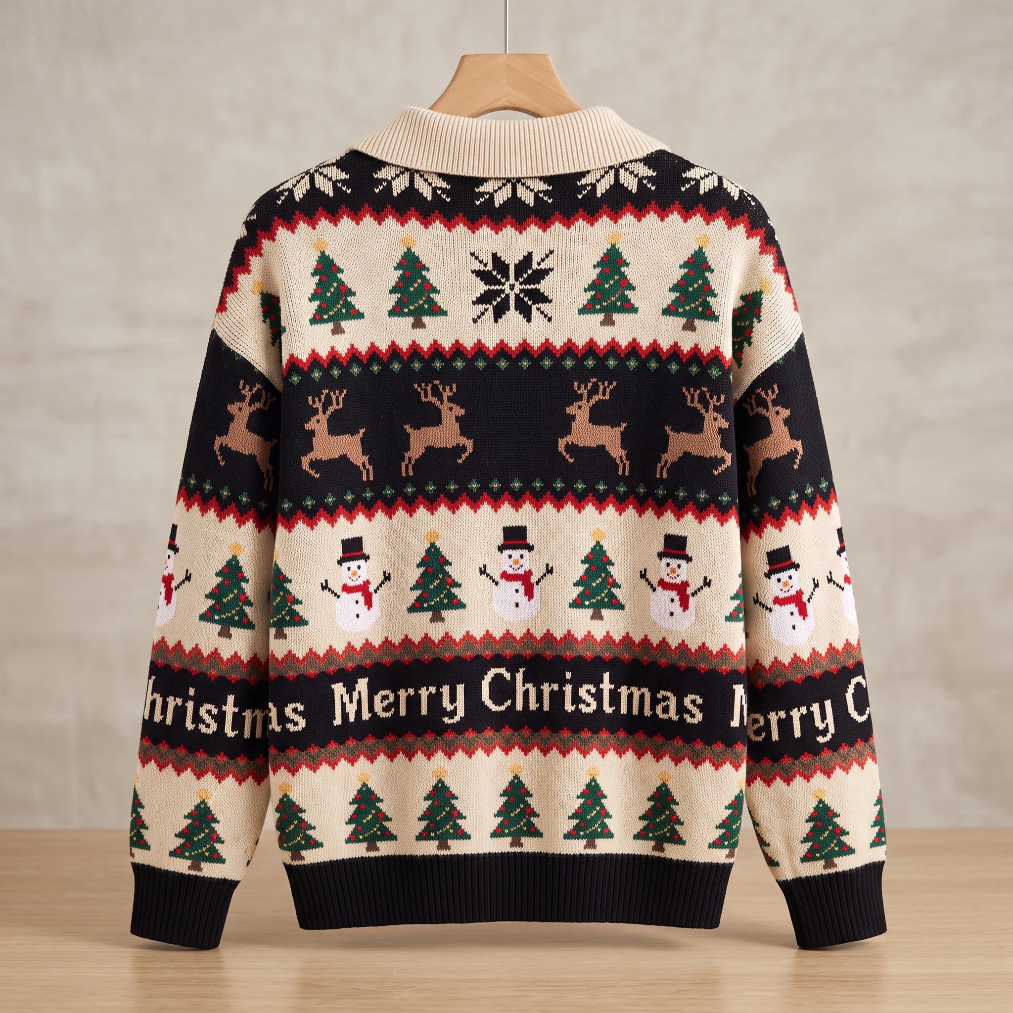 Women's Autumn/Winter American Retro Style Striped Polo-Collar Loose Knit Pullover (Christmas-Themed)