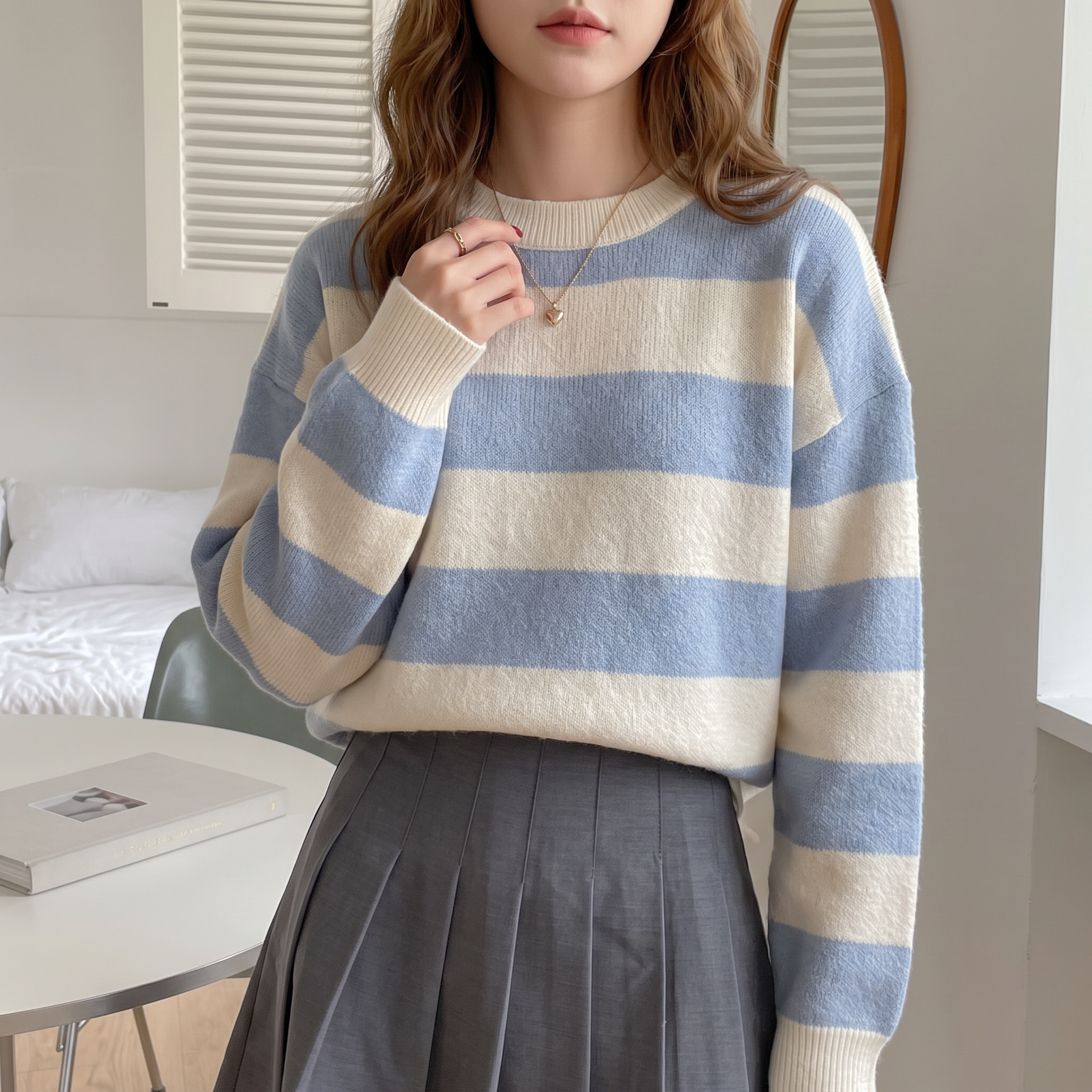Striped, loose-fitting, drop-shoulder sweater; long-sleeved top; autumn clothing.