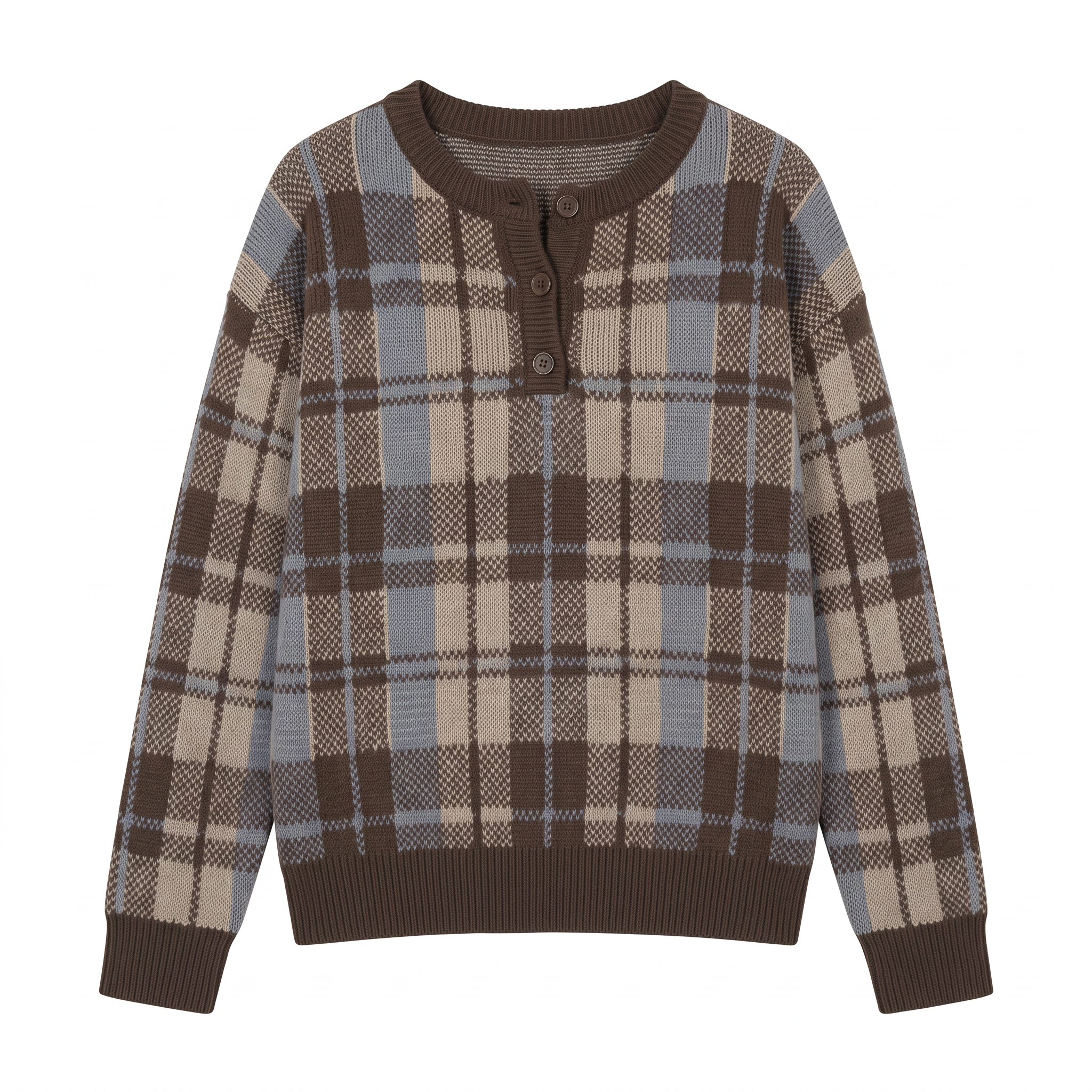 Women's Color-Block Plaid Loose-Fit Long-Sleeve Crew-Neck Knit Pullover – Casual Vacation Style 