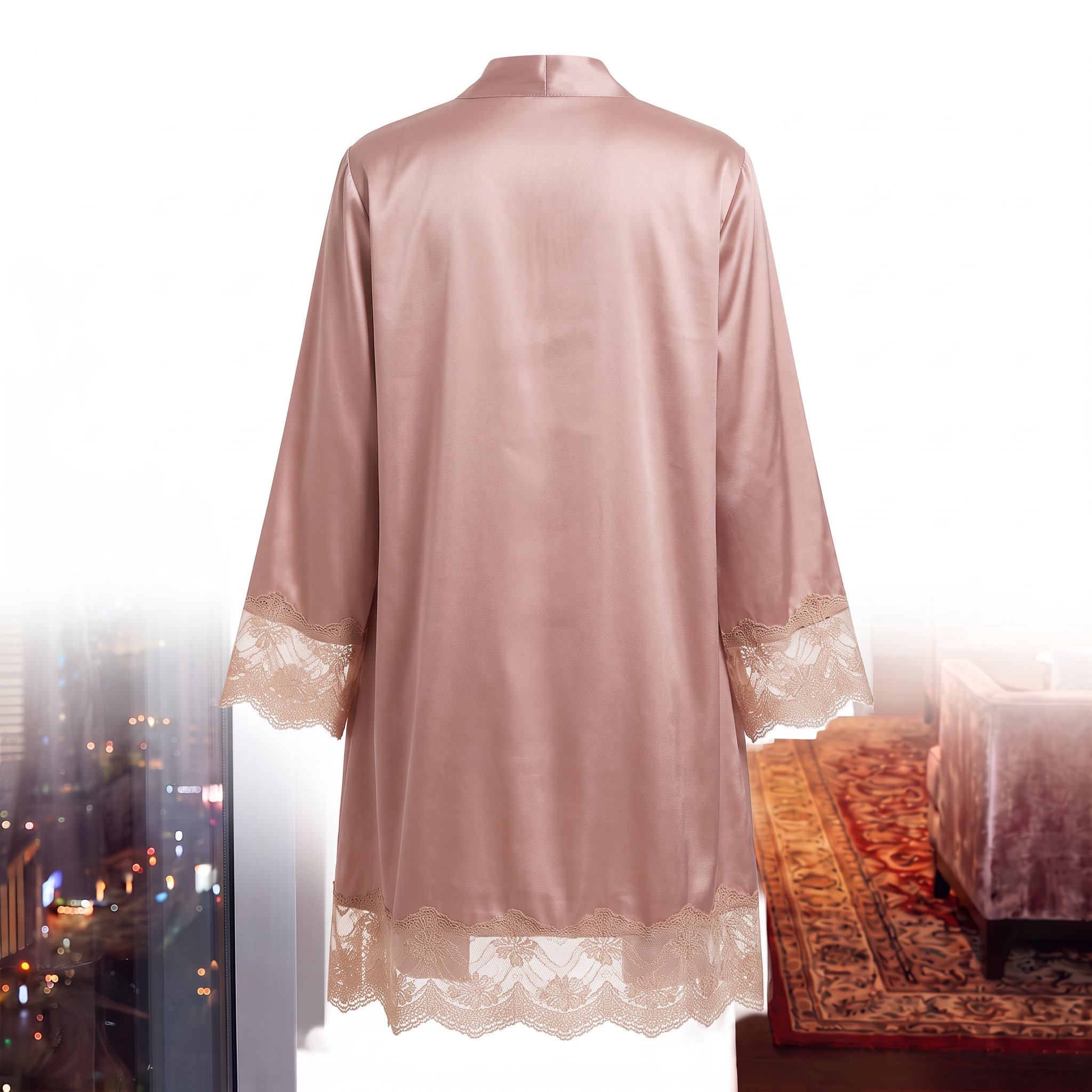 Women's Solid-Color Lace-Panel Long-Sleeve Tie-Waist Robe and Slit-Hem Camisole Dress Set