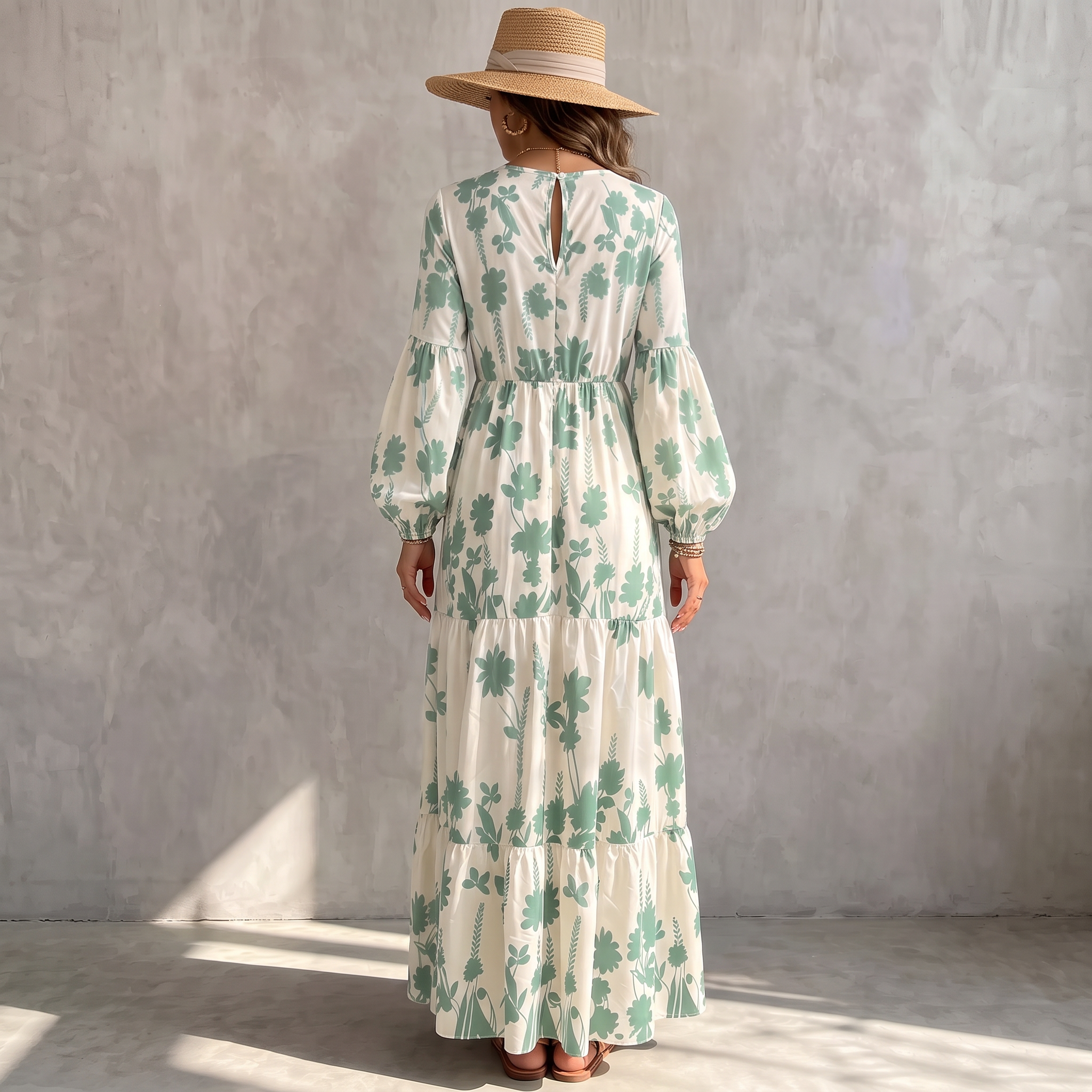 Women's high-waisted, tiered, and textured chiffon dress featuring a V-neck with drawstring detail—bohemian pastoral style.