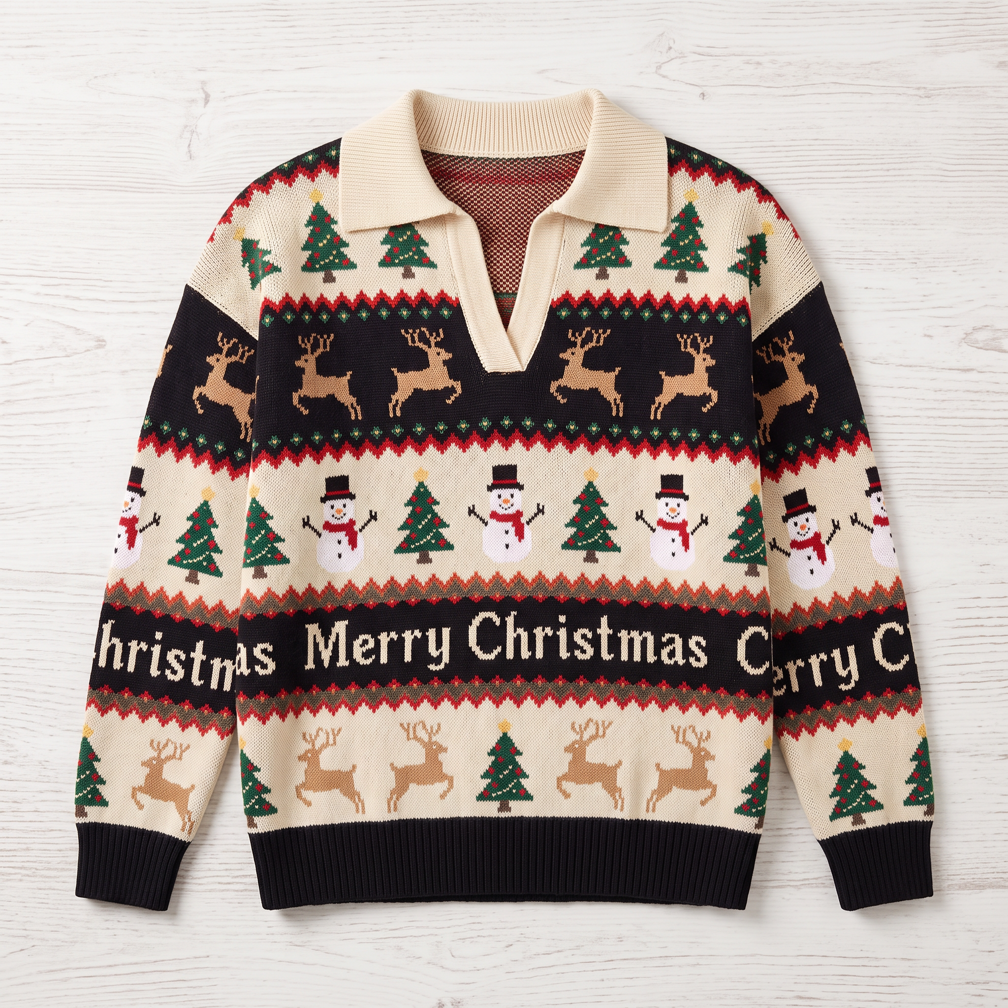 Women's Autumn/Winter American Retro Style Striped Polo-Collar Loose Knit Pullover (Christmas-Themed)