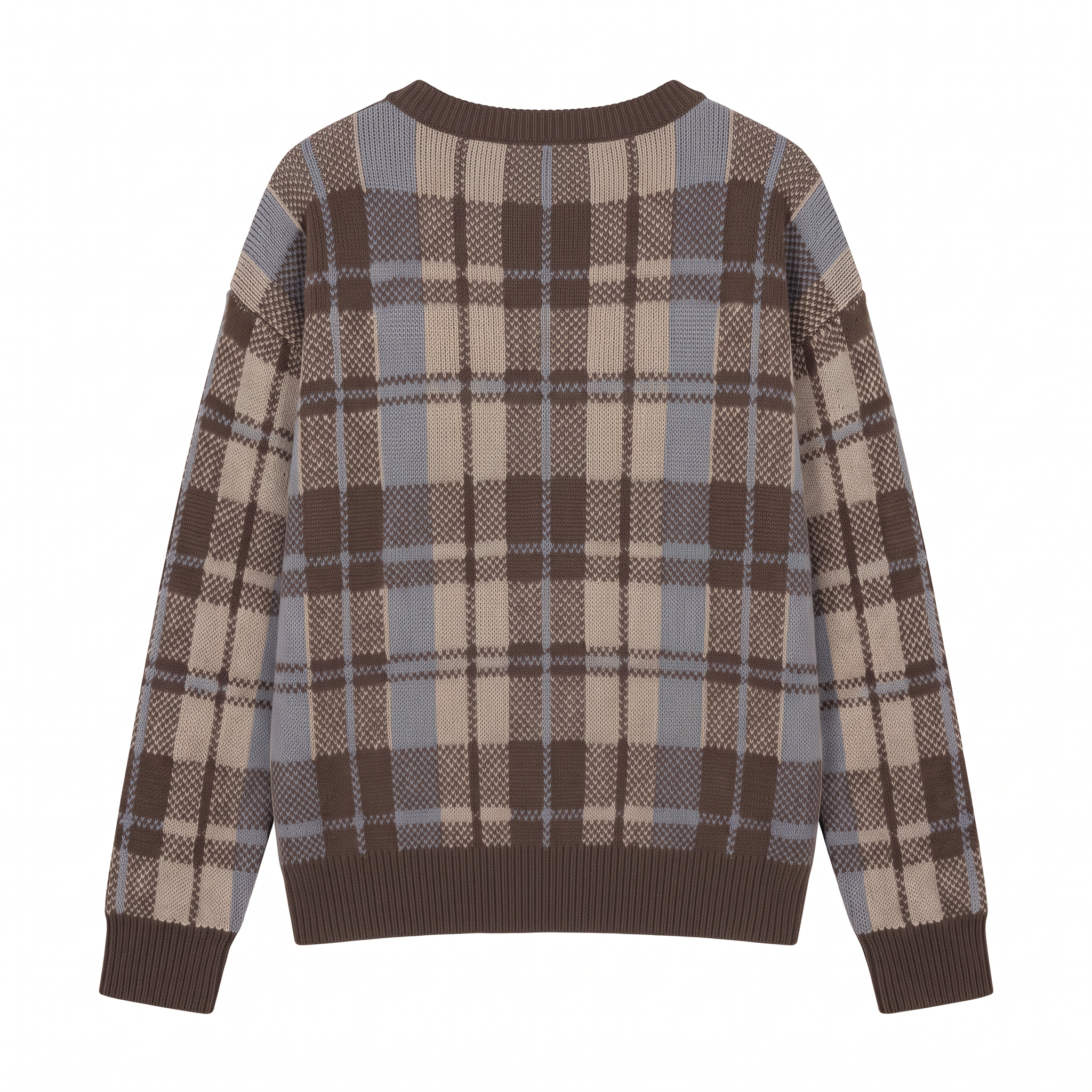 Women's Color-Block Plaid Loose-Fit Long-Sleeve Crew-Neck Knit Pullover – Casual Vacation Style 