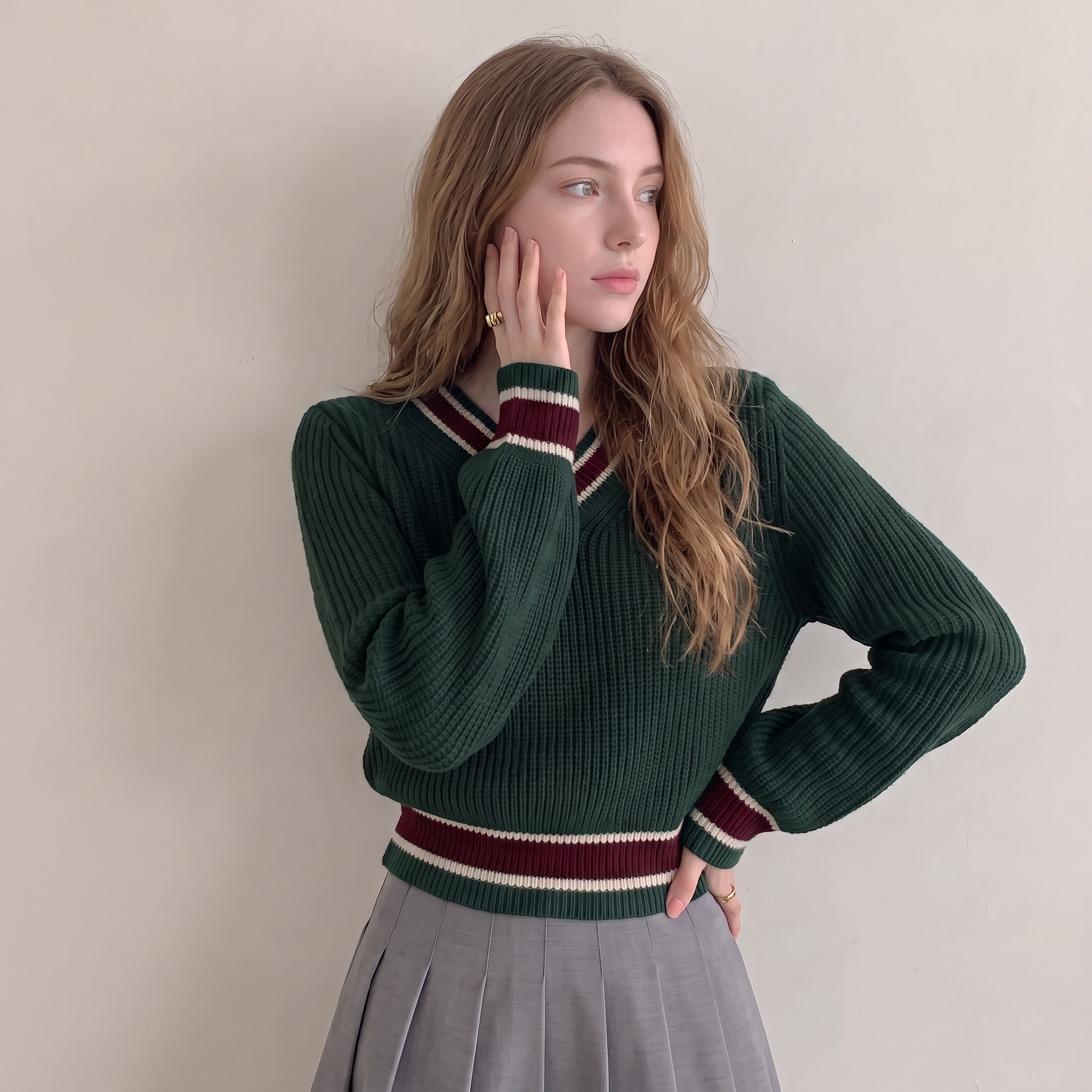 Color Block V-Neck Casual Women Sweater,Long Sleeve Tops Fall