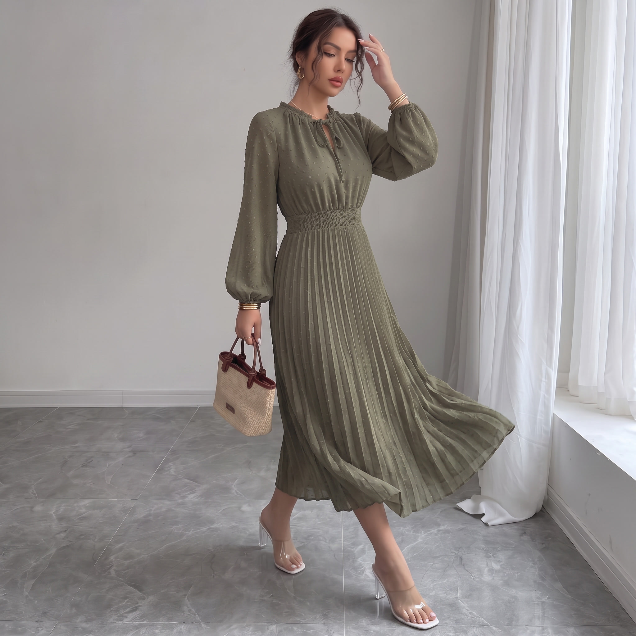 Women's Mid-Length Pleated Dress Casual V-Neck Swiss Polka Dot Peplum A-Line Beach Sundress
