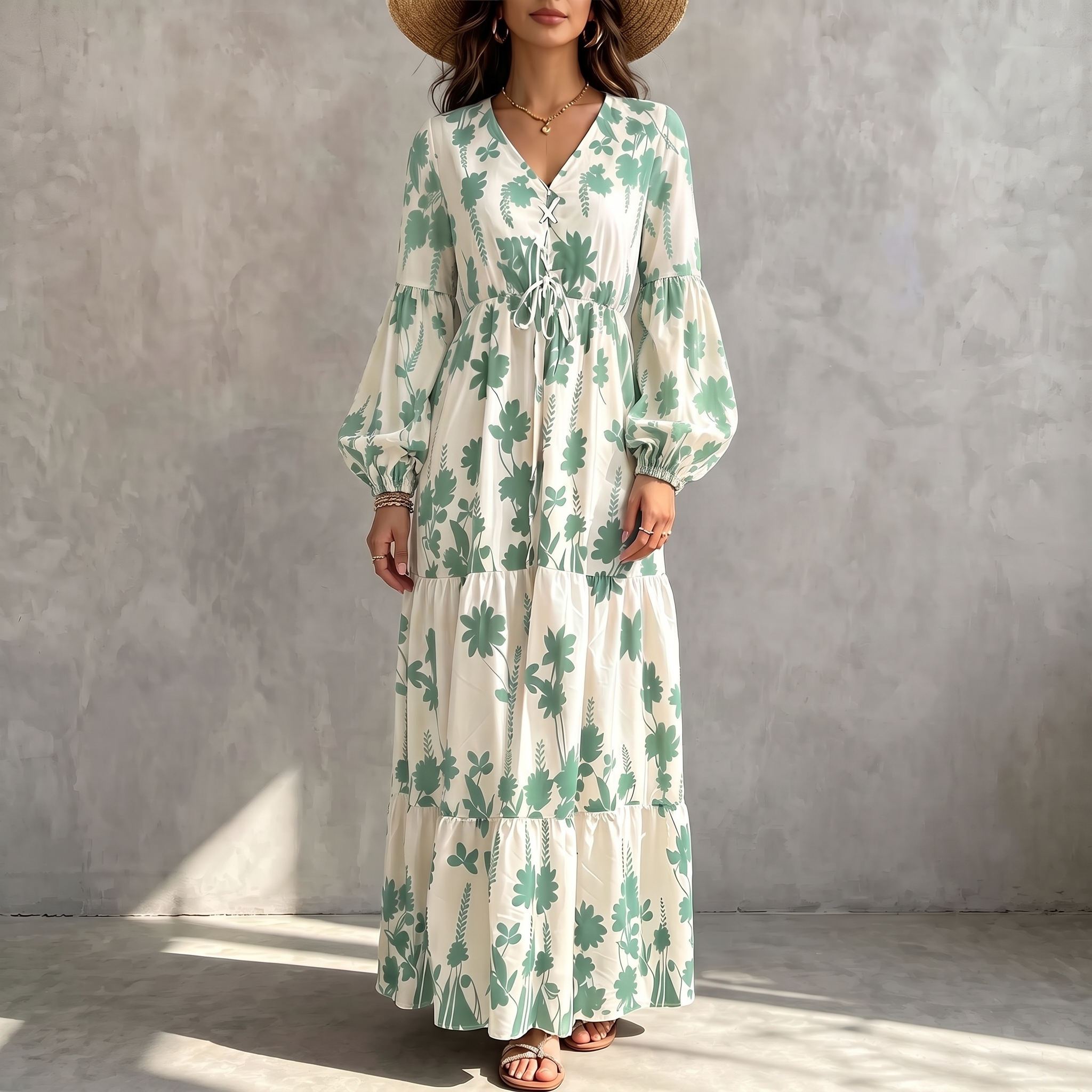 Women's high-waisted, tiered, and textured chiffon dress featuring a V-neck with drawstring detail—bohemian pastoral style.