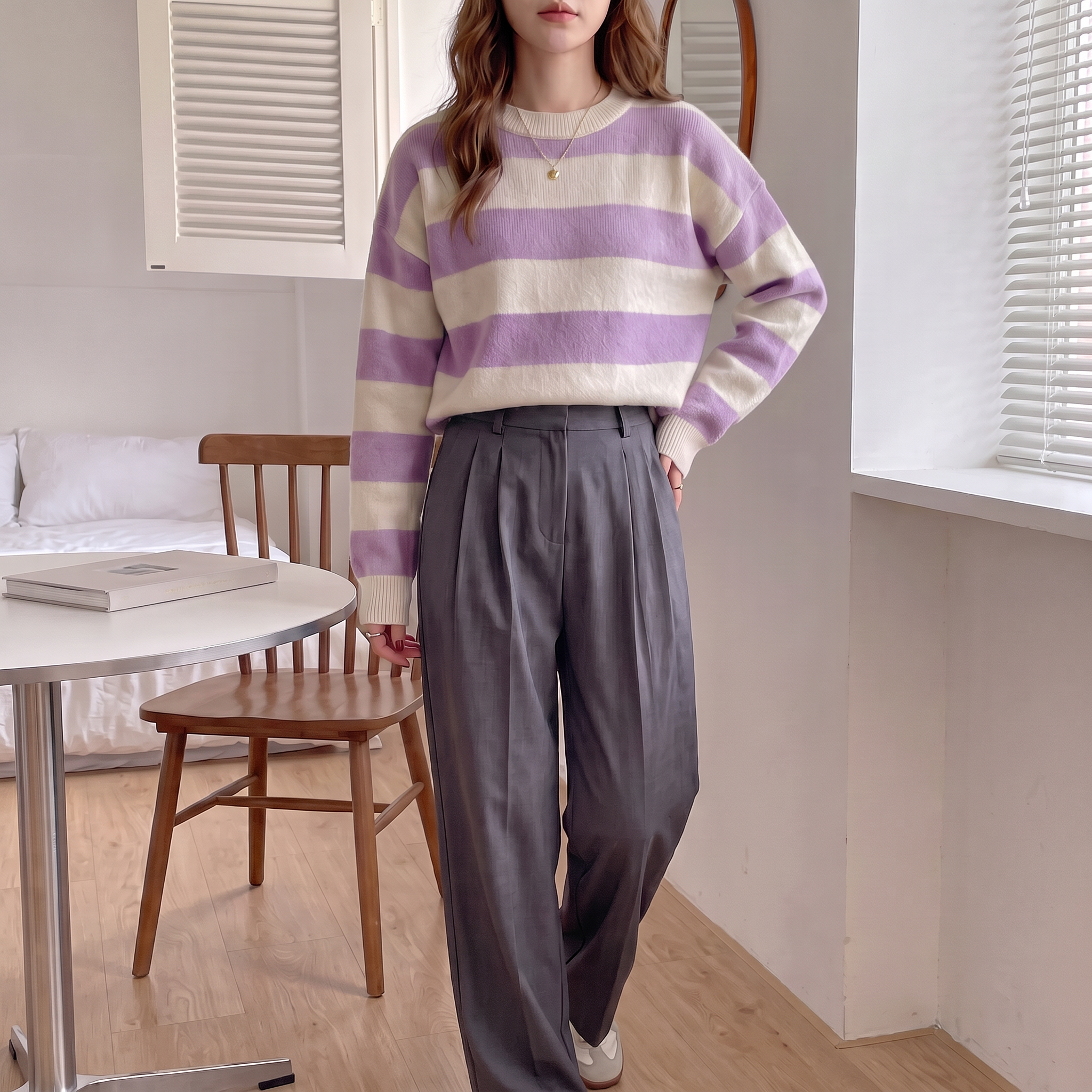 Striped, loose-fitting, drop-shoulder sweater; long-sleeved top; autumn clothing.