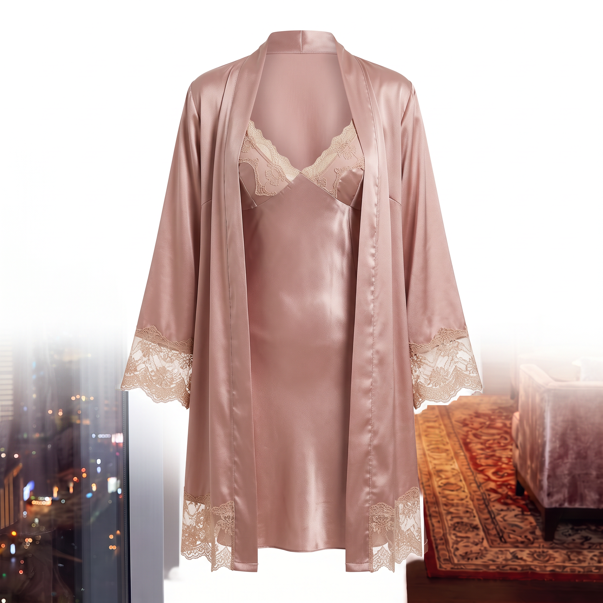 Women's Solid-Color Lace-Panel Long-Sleeve Tie-Waist Robe and Slit-Hem Camisole Dress Set
