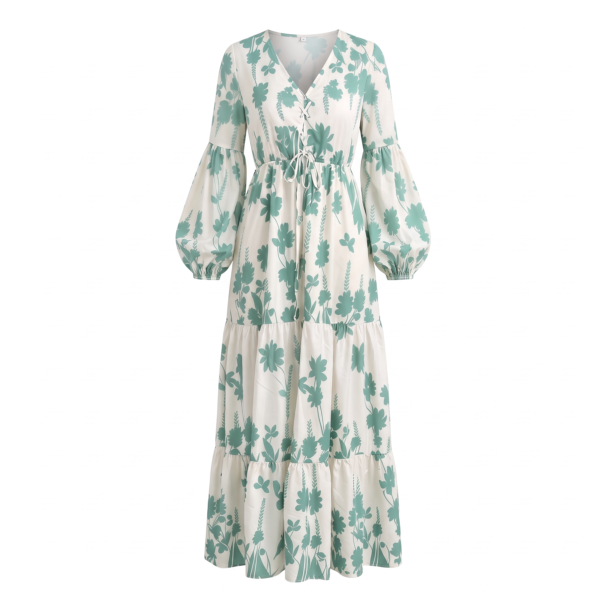 Women's high-waisted, tiered, and textured chiffon dress featuring a V-neck with drawstring detail—bohemian pastoral style.