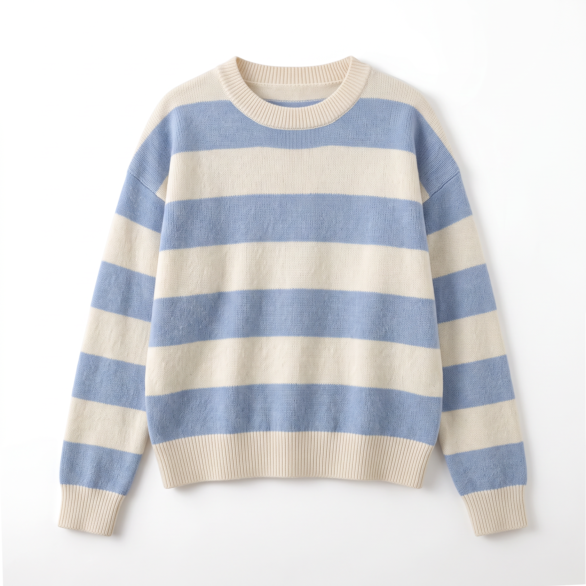 Striped, loose-fitting, drop-shoulder sweater; long-sleeved top; autumn clothing.