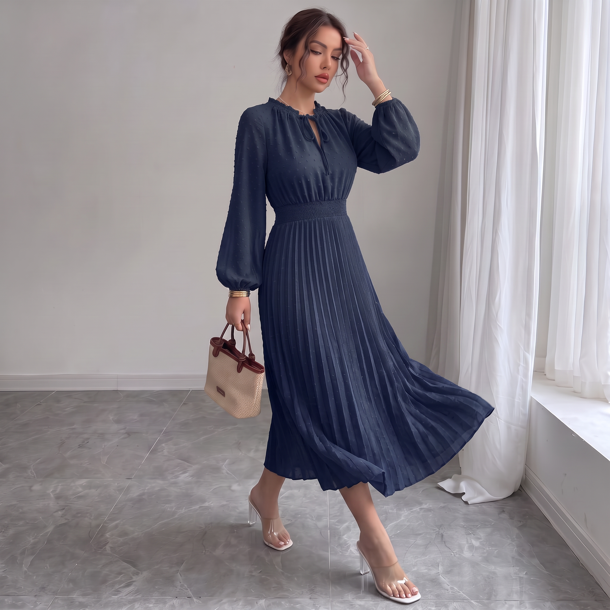 Women's Mid-Length Pleated Dress Casual V-Neck Swiss Polka Dot Peplum A-Line Beach Sundress