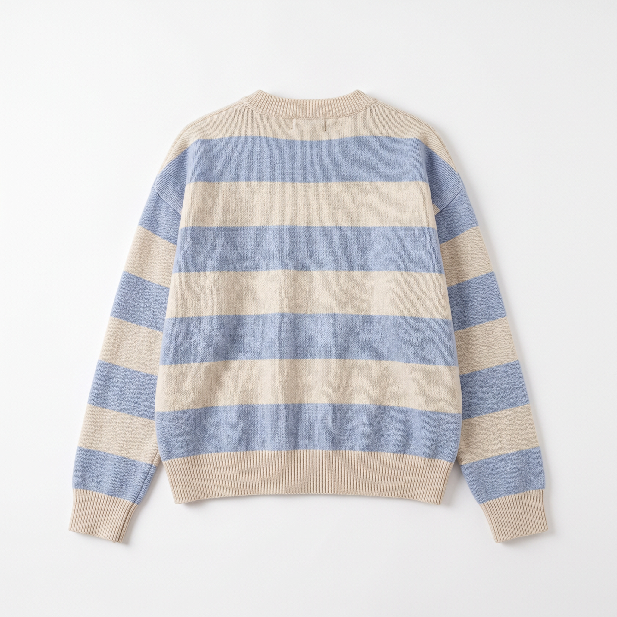 Striped, loose-fitting, drop-shoulder sweater; long-sleeved top; autumn clothing.