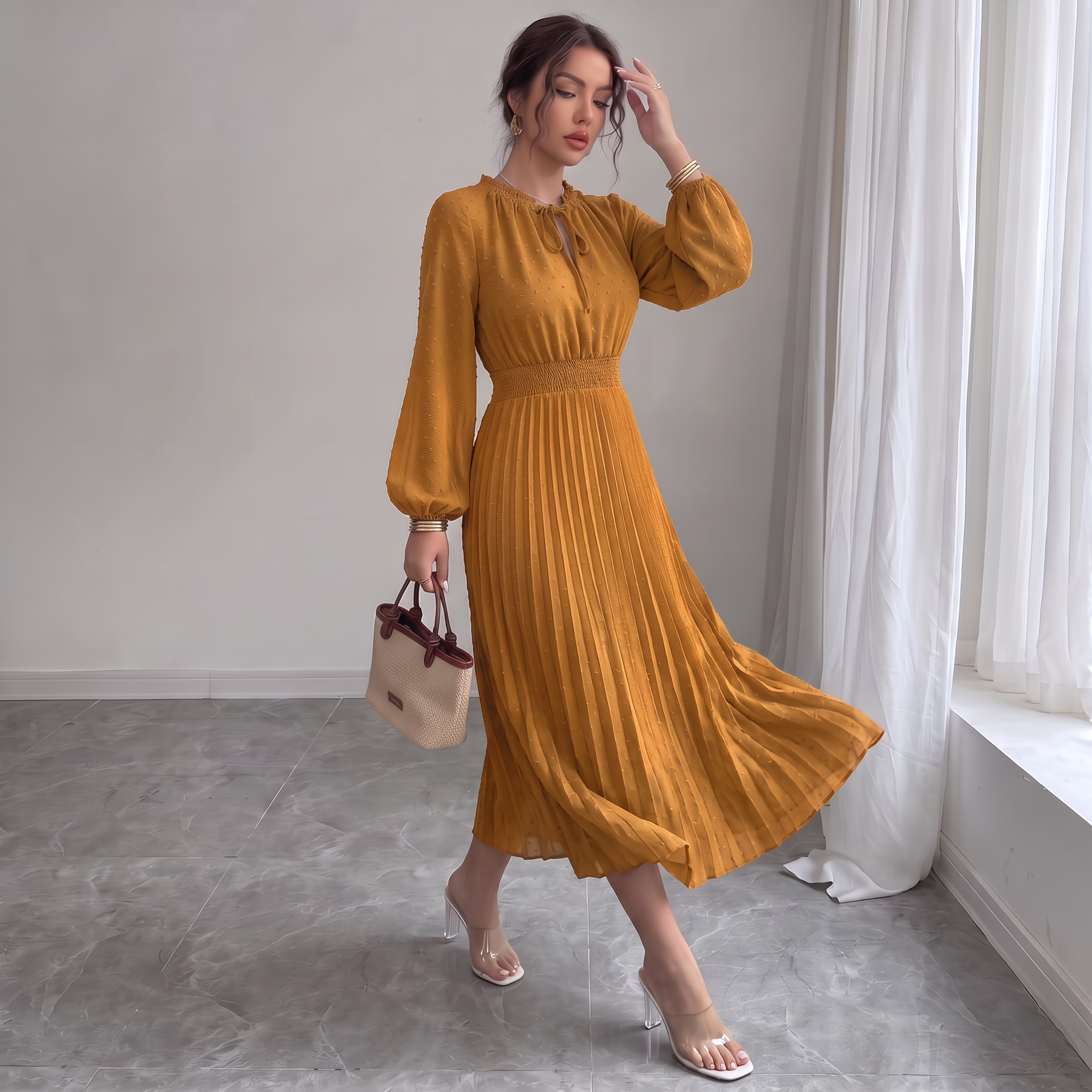 Women's Mid-Length Pleated Dress Casual V-Neck Swiss Polka Dot Peplum A-Line Beach Sundress
