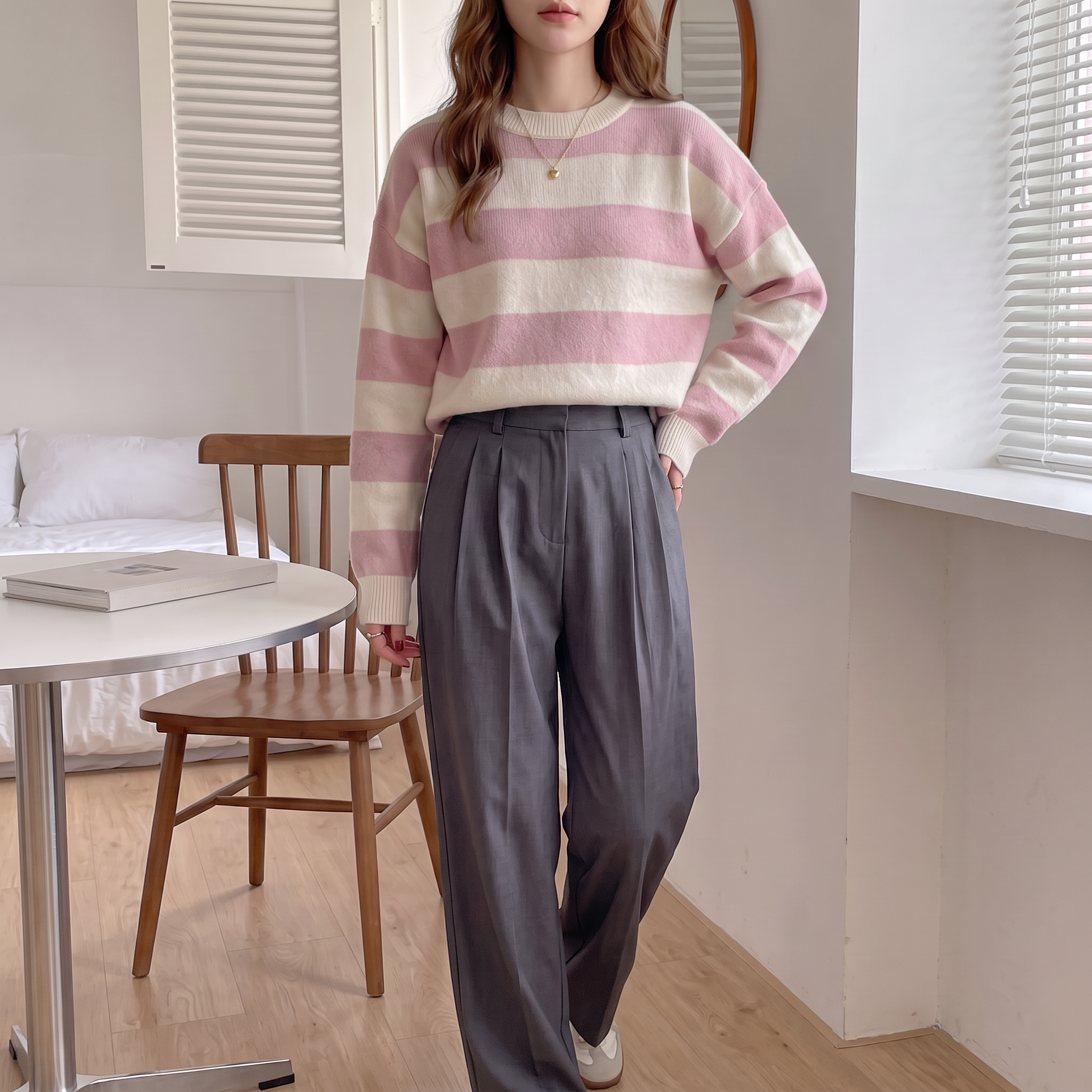 Striped, loose-fitting, drop-shoulder sweater; long-sleeved top; autumn clothing.