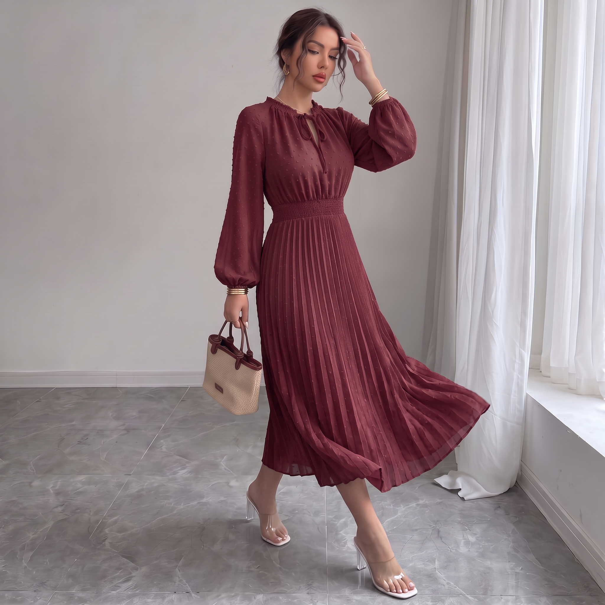 Women's Mid-Length Pleated Dress Casual V-Neck Swiss Polka Dot Peplum A-Line Beach Sundress