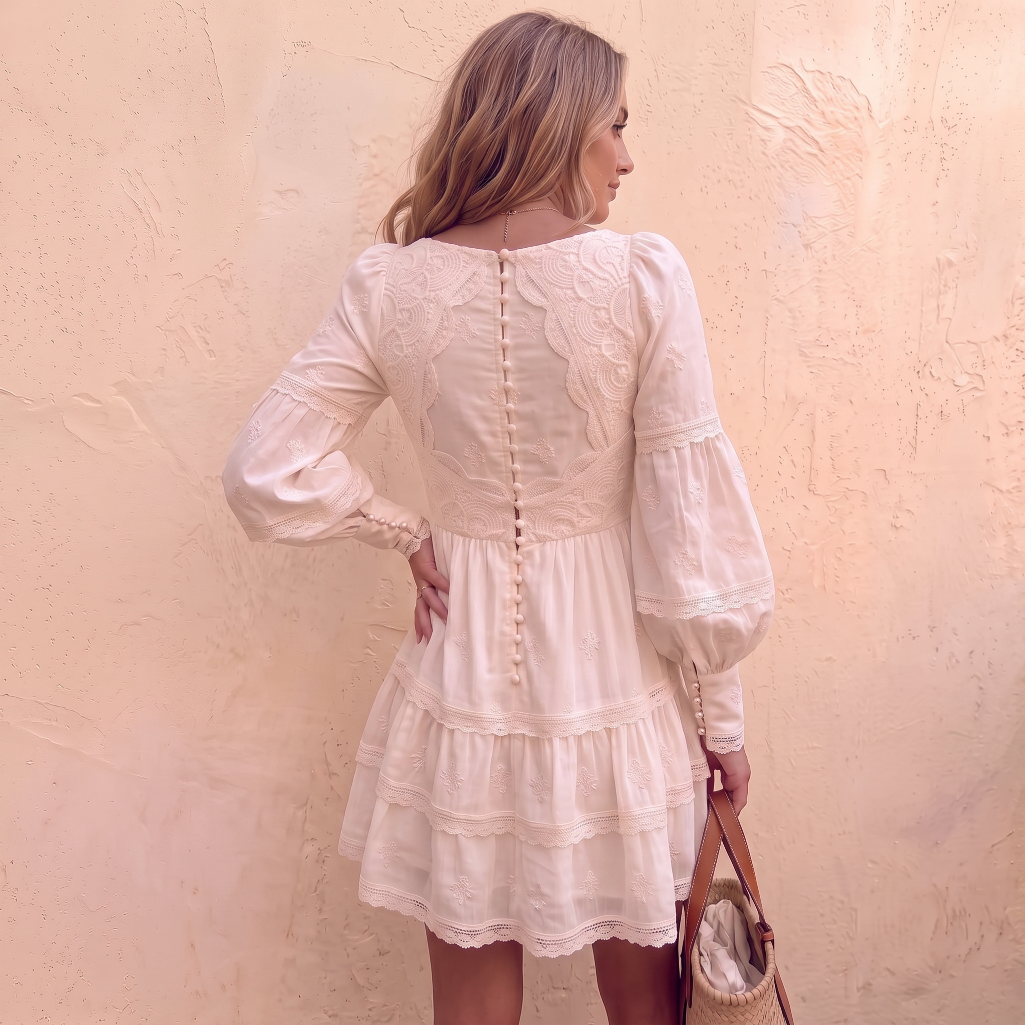 Elegant Vacation Casual Lace V-Neck Apricot Long Sleeve Women's Dress