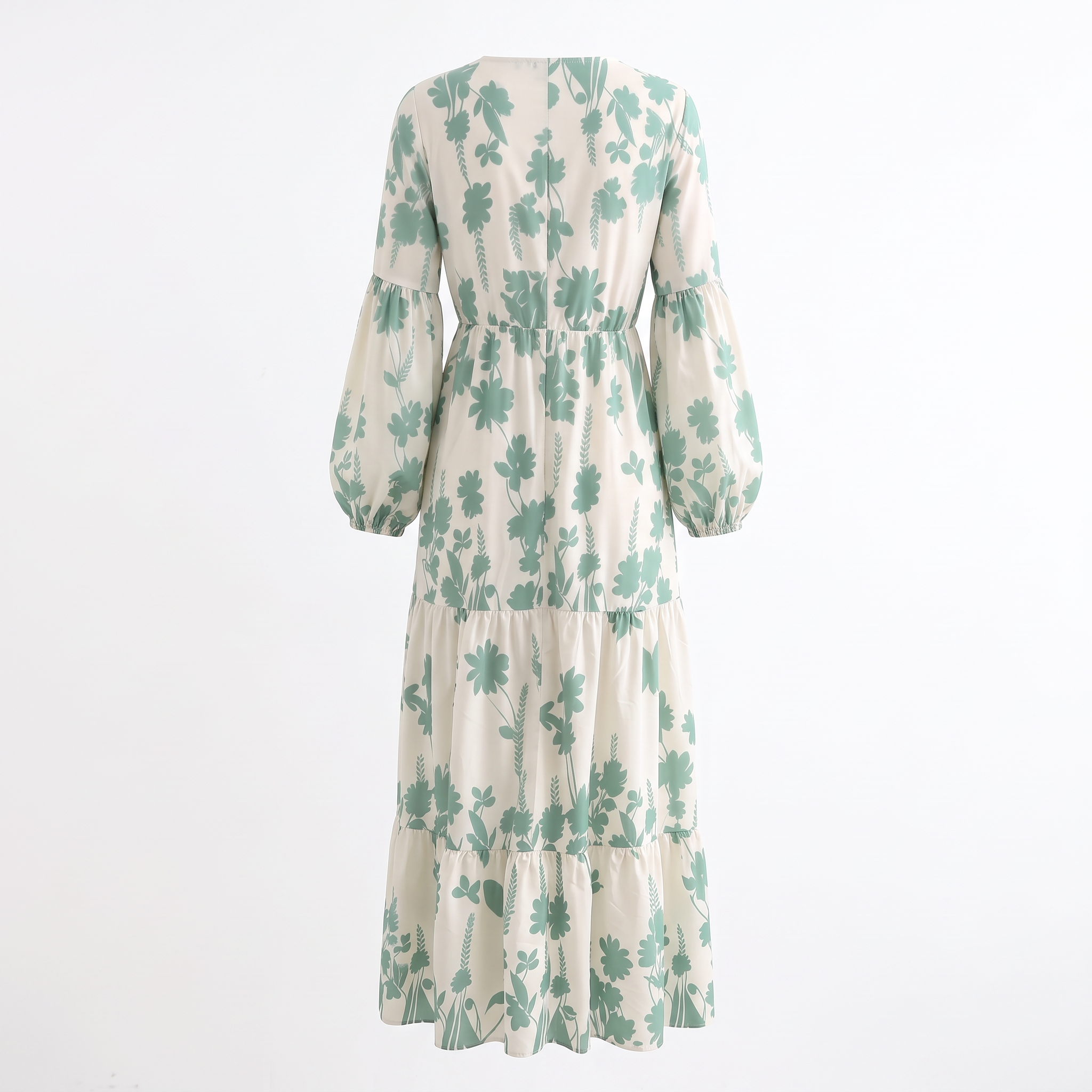 Women's high-waisted, tiered, and textured chiffon dress featuring a V-neck with drawstring detail—bohemian pastoral style.