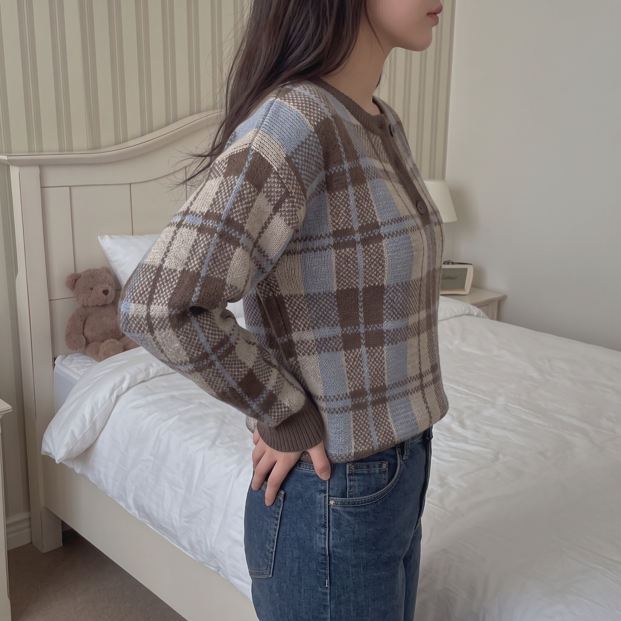 Women's Color-Block Plaid Loose-Fit Long-Sleeve Crew-Neck Knit Pullover – Casual Vacation Style 