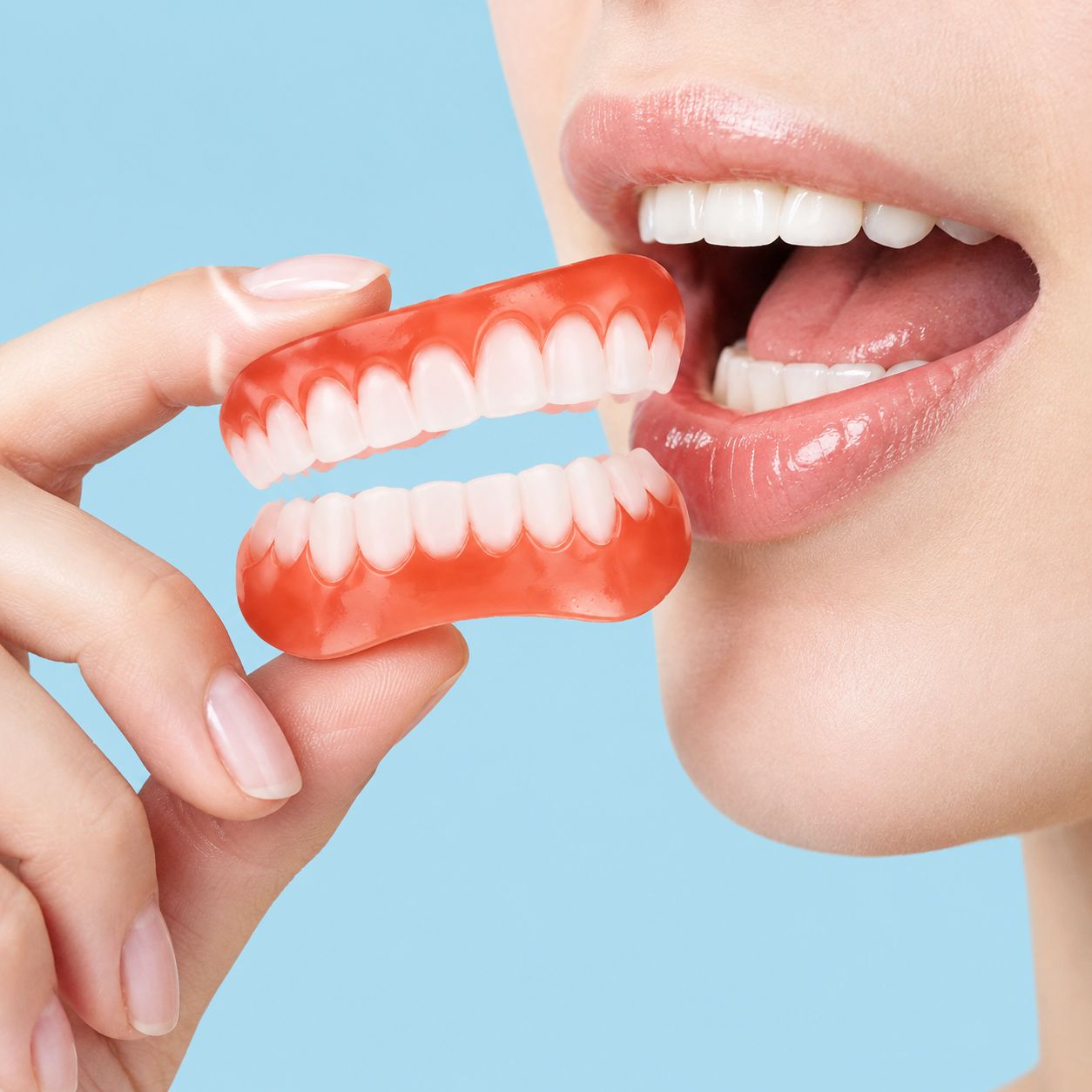 Silicone temporary dentures, smile hoods, upper and lower teeth