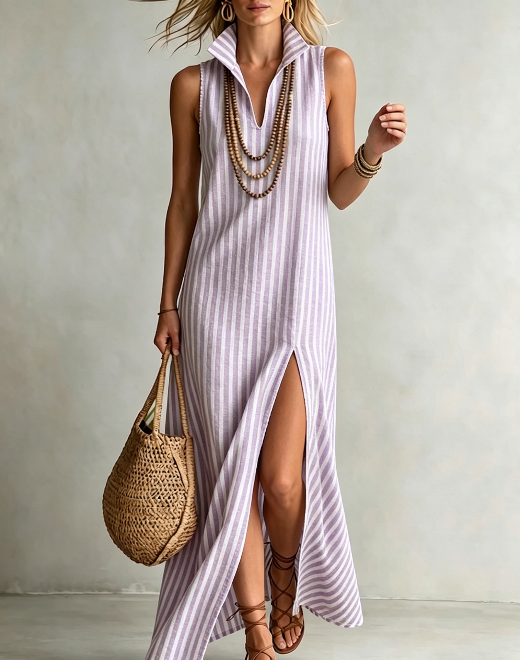 Stylish Classic Striped Stand-collar Cotton-linen Maxi Dress