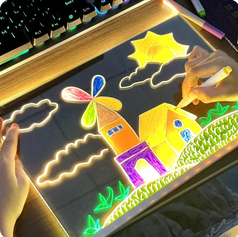 Close-up of a glowing drawing on the clear acrylic LED drawing board