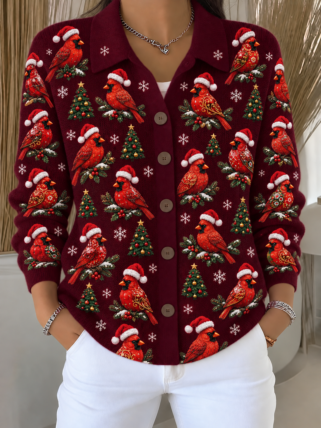 Merry Christmas Women's Lapel Button Knitted Cardigan Sweater