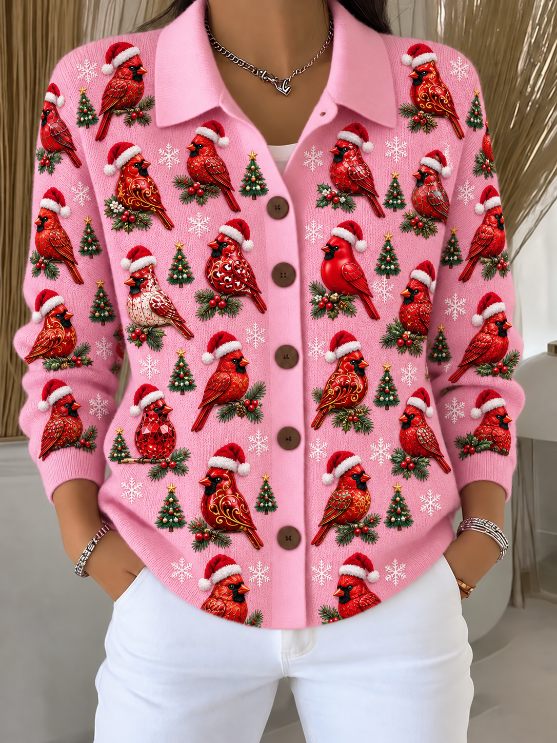 Merry Christmas Women's Lapel Button Knitted Cardigan Sweater