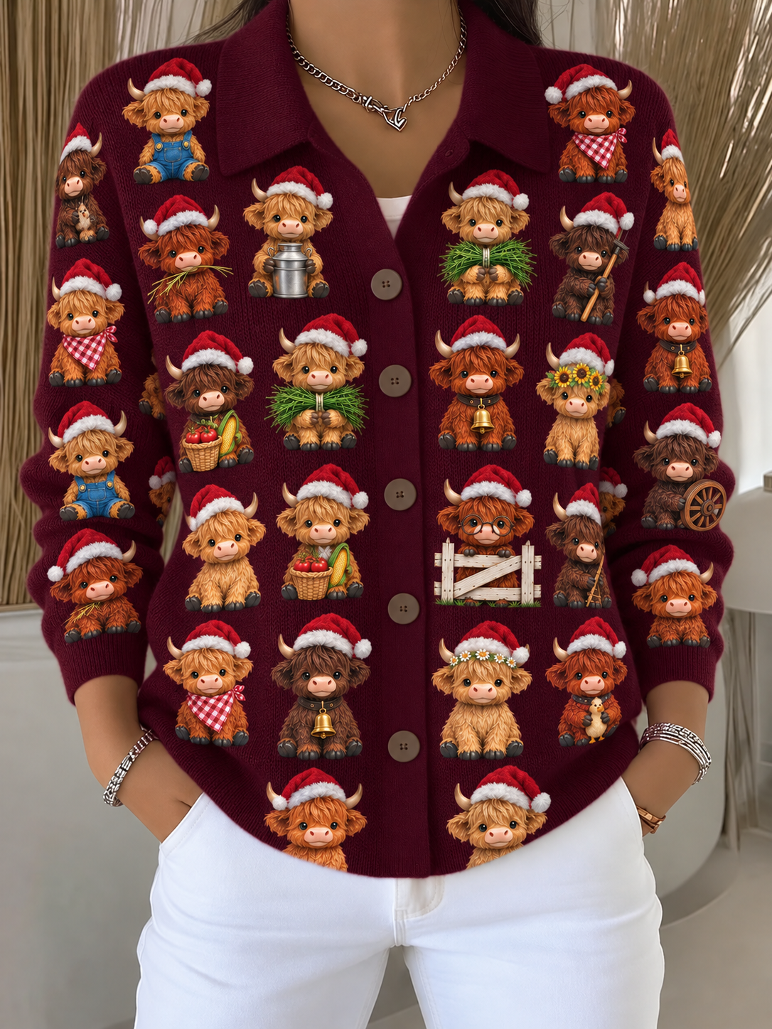 Merry Christmas Women's Lapel Button Knitted Cardigan Sweater