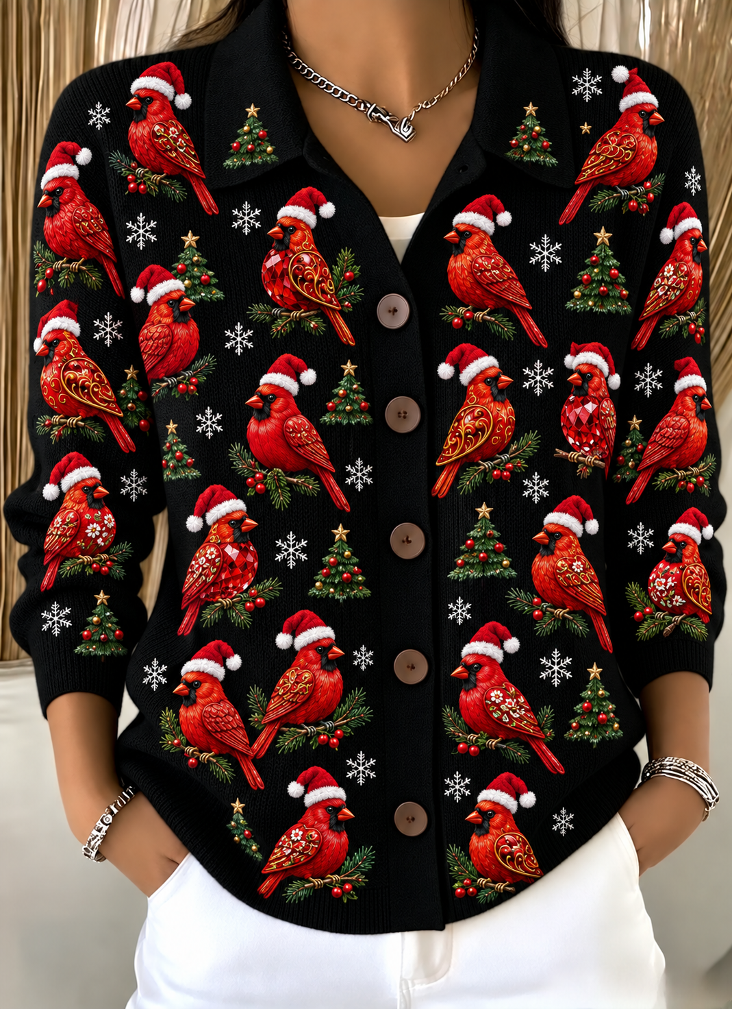 Merry Christmas Women's Lapel Button Knitted Cardigan Sweater