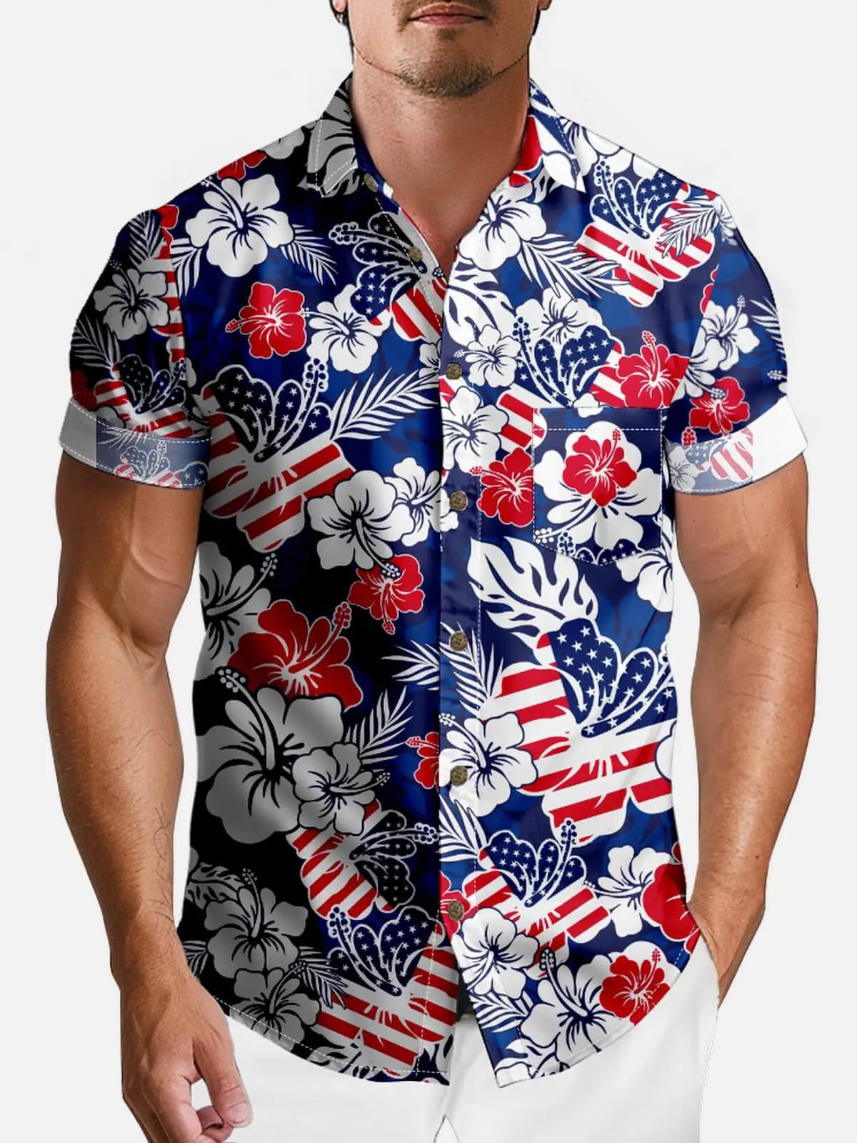 Tall Men's Patriotic Hawaiian Floral Short Sleeve Shirt