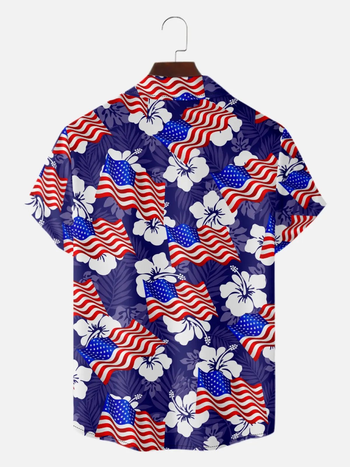Men's Patriotic American Flag Hibiscus Hawaiian Short Sleeve Shirt