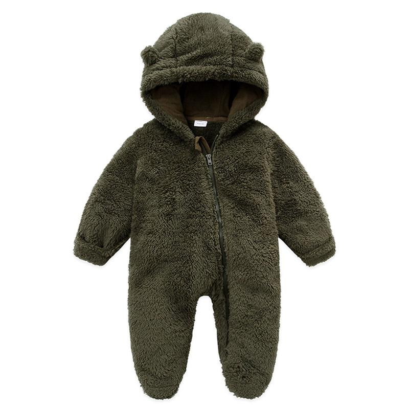 Army Green - Newborn Baby Bear Ear Fleece Jumpsuit