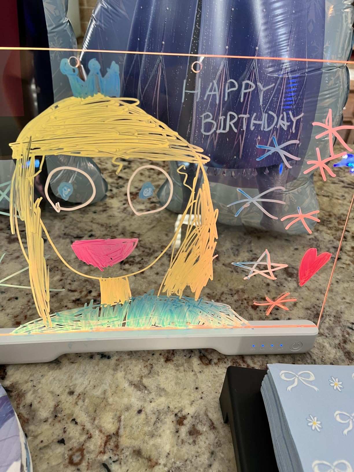 Happy Birthday drawing glowing on the LED drawing board
