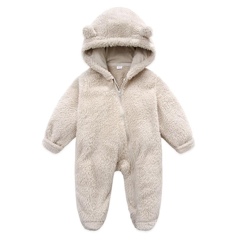 Beige - Newborn Baby Bear Ear Fleece Jumpsuit