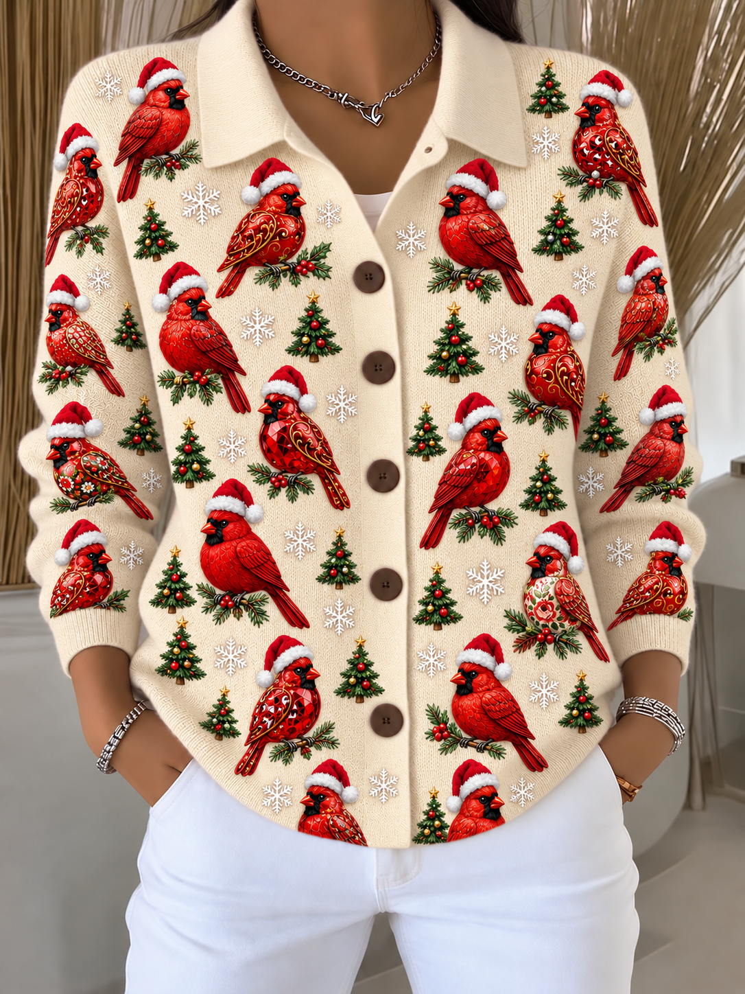 Merry Christmas Women's Lapel Button Knitted Cardigan Sweater