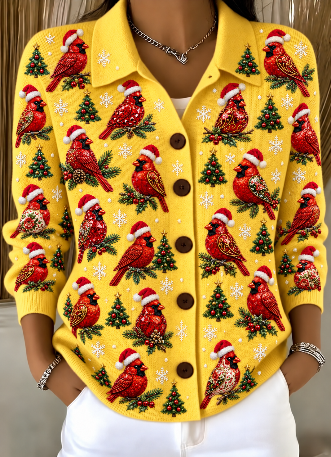 Merry Christmas Women's Lapel Button Knitted Cardigan Sweater