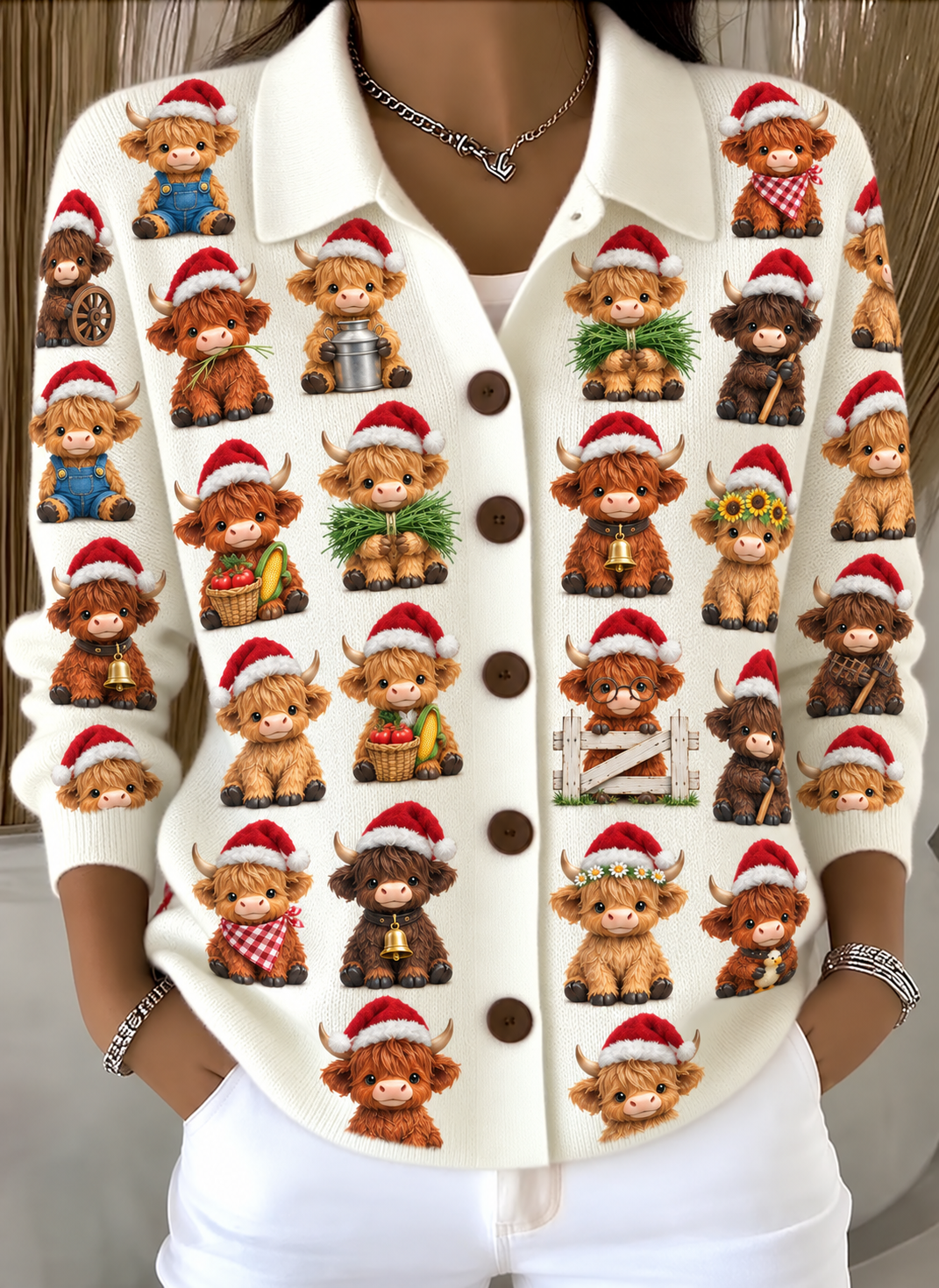Merry Christmas Women's Lapel Button Knitted Cardigan Sweater