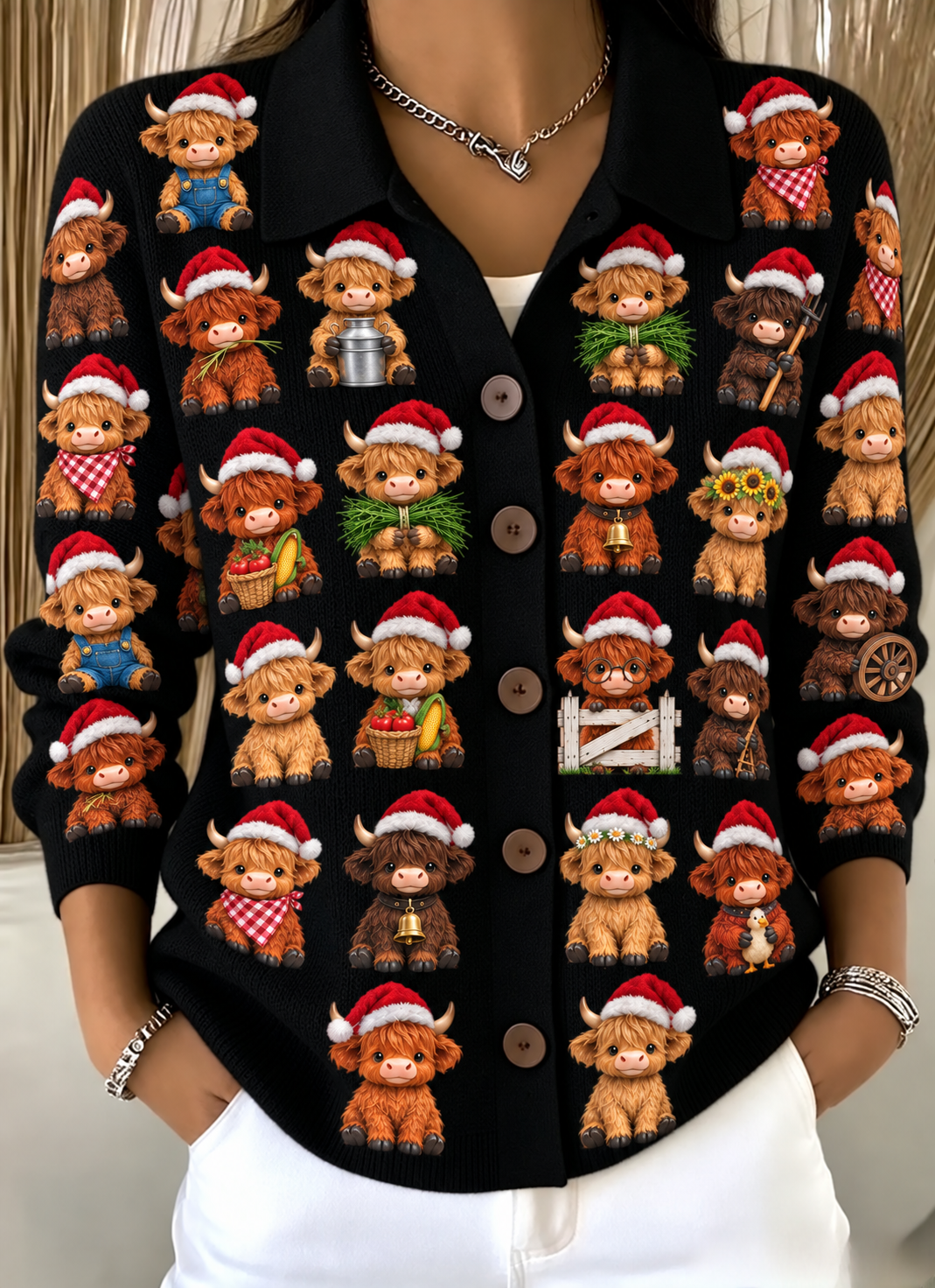 Merry Christmas Women's Lapel Button Knitted Cardigan Sweater