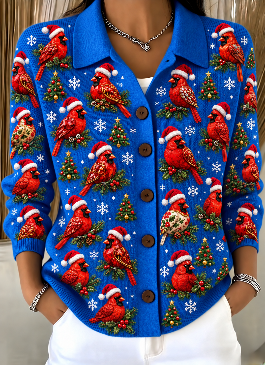 Merry Christmas Women's Lapel Button Knitted Cardigan Sweater