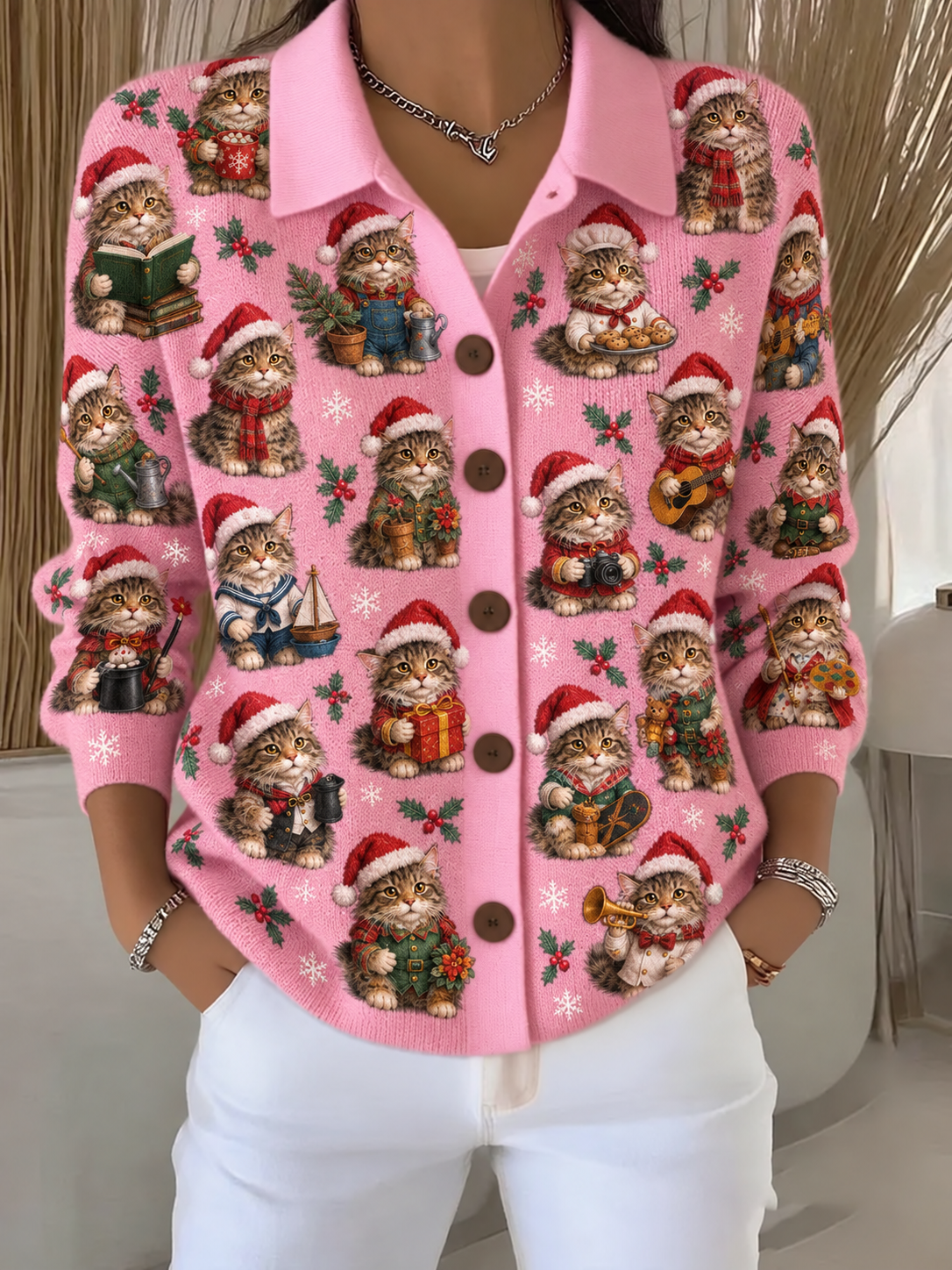 Merry Christmas Women's Lapel Button Knitted Cardigan Sweater