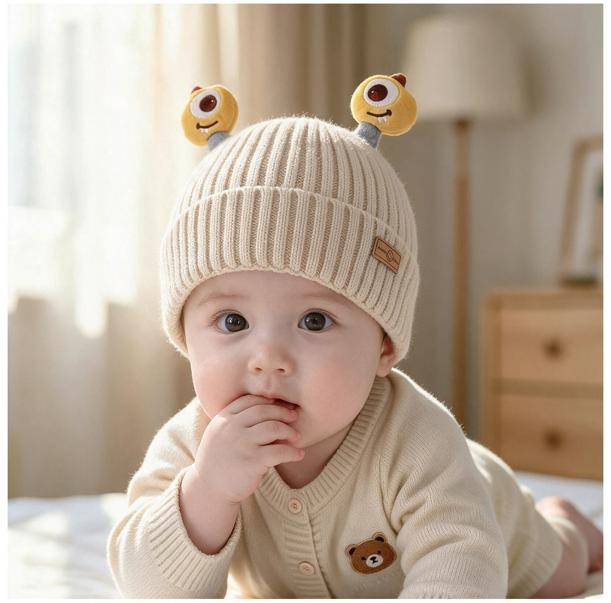 Baby wearing the knit earflap beanie hat