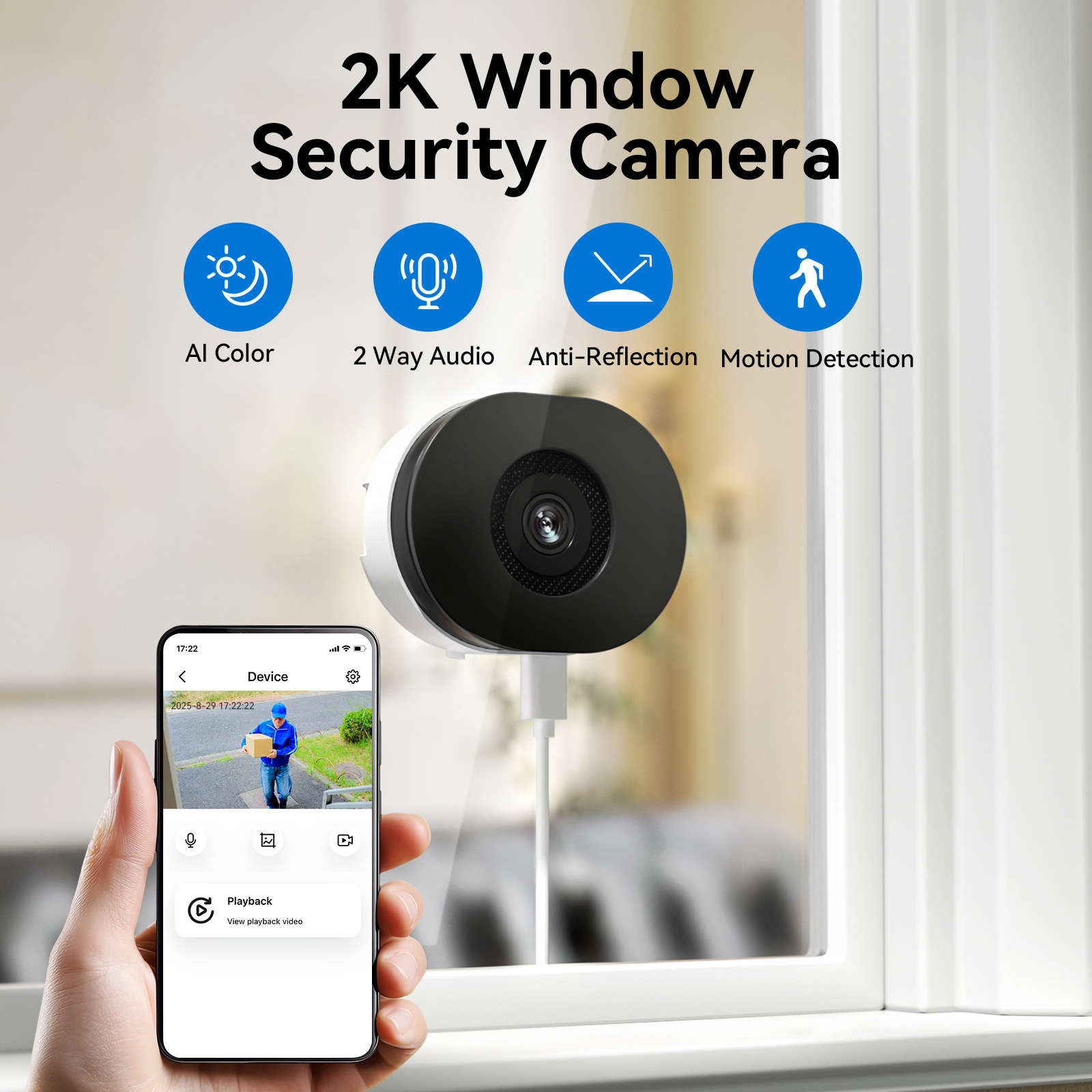 2K window security camera with live view on a phone app